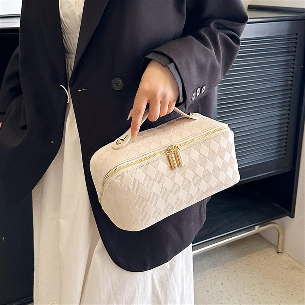 Bolsa de maquillaje de viaje, bolsa de maquillaje de gran apertura, bolsa de maquillaje portátil que se abre plana para un fácil acceso, bolsa de