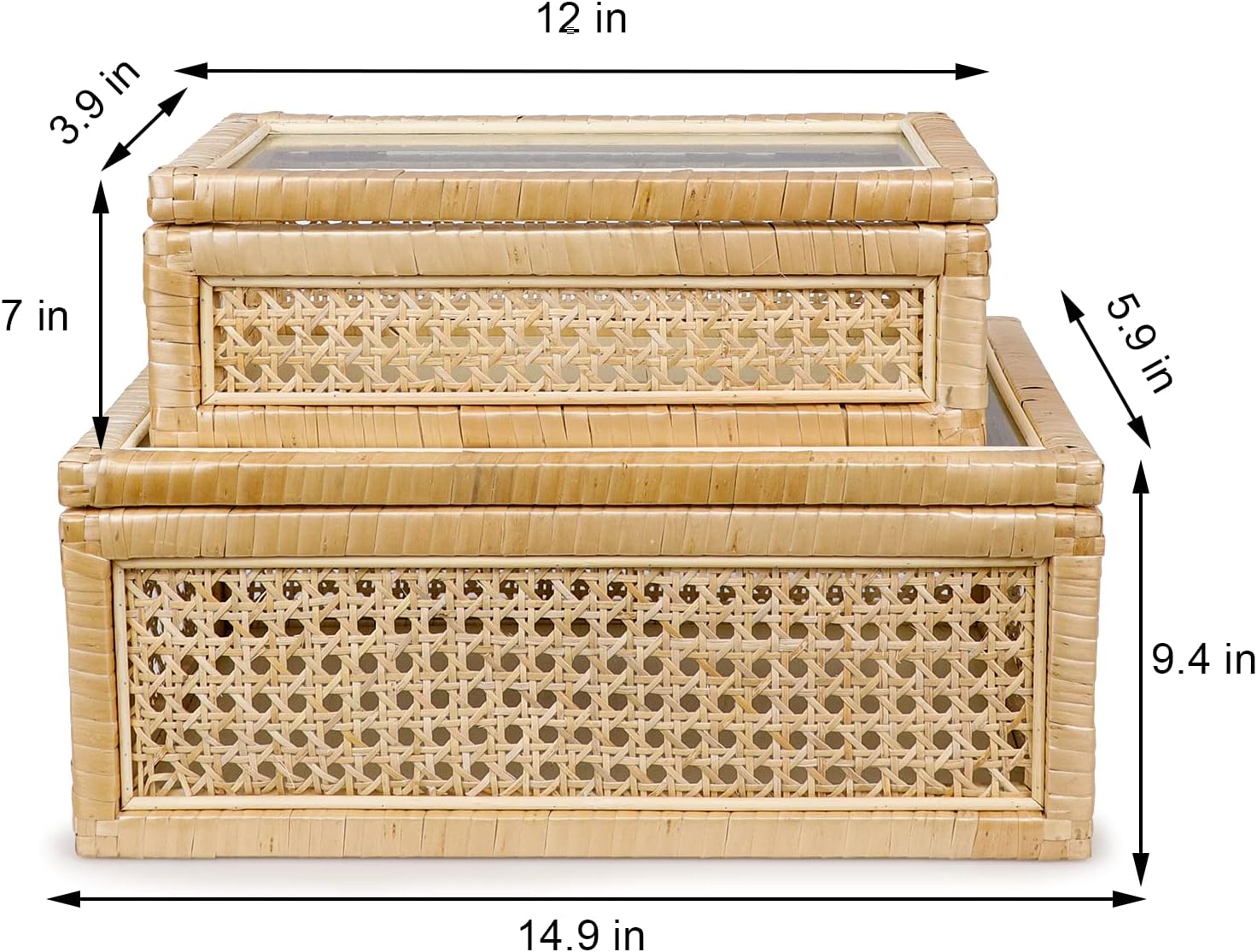 Caja decorativa de ratán con tapas de vidrio, juego de 2 cajas decorativas rectangulares para decoración del hogar, funda tejida de ratán para