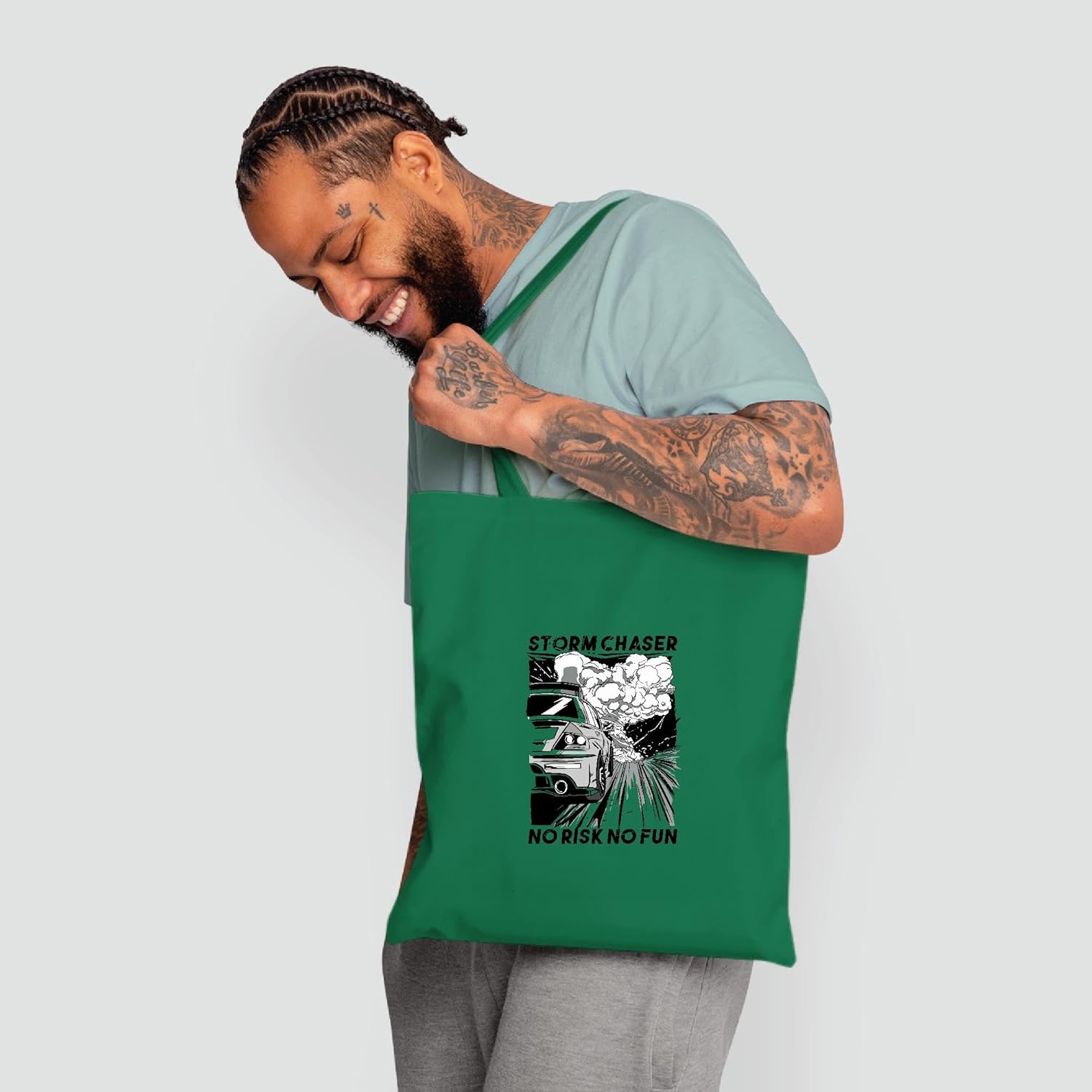 Gift for Car Racing Fans Storm No Risk No Fun Quote for Car Enthusiasts Natural White Multicolor Canvas Tote Bag
