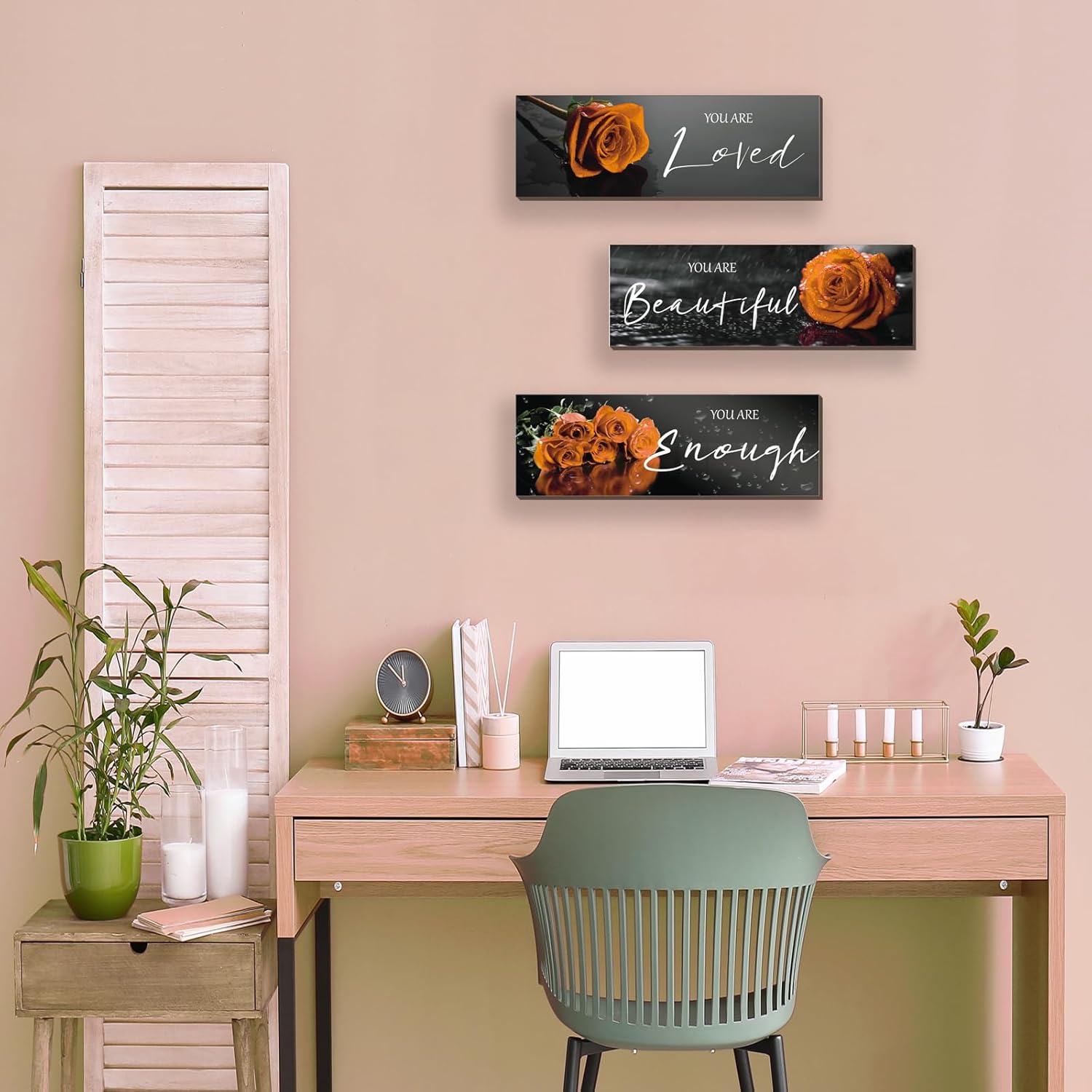 ZINYAZHE 3 piezas de decoración de pared naranja inspiradoras rosas naranjas decoración de baño, arte de pared de madera, citas positivas You Are