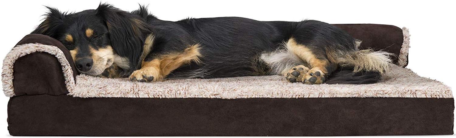 Furhaven – Cama ortopédica de espuma para perros, de piel sintética y gamuza, en forma de L, en dos tonos, estilo caja de huevos, espresso, talla M