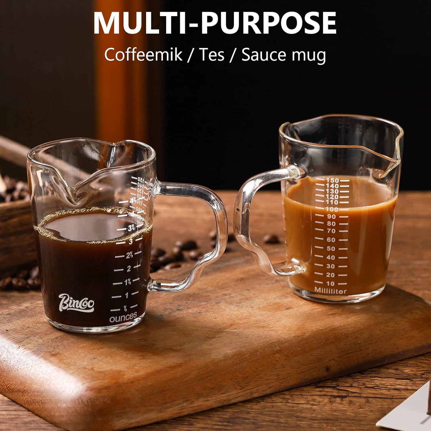 BINCOO Tazas de café expreso de 5.1 fl oz con mango y doble escala, 4.05 onzas, vaso de medición de vidrio de doble boquilla, taza de leche para