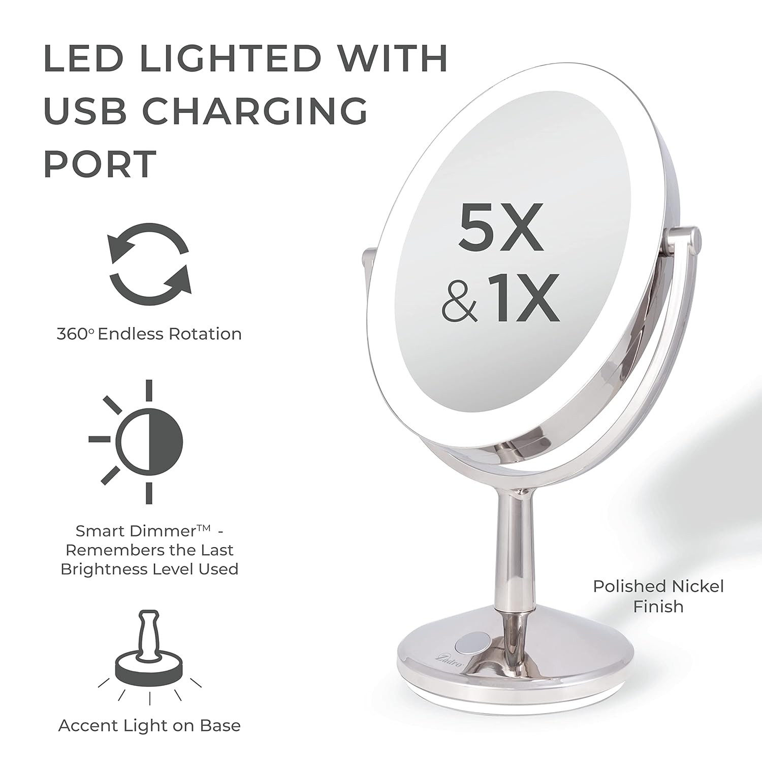 Zadro 9″ Oval Cordless LED Lighted Makeup Mirror with Magnification 5X1X Touch Pad Makeup Mirror with Lights USB Port