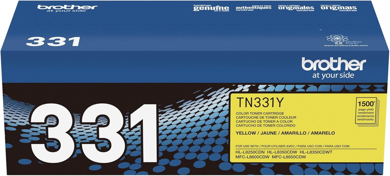 Brother Genuine marca nombre, TN331Y OEM Yellow Toner Cartridge (1.5K YLD) para impresoras HL-L8250CDN, HL-L8350CDW, HL-L8350CDWT, MFC-L8600CDW,