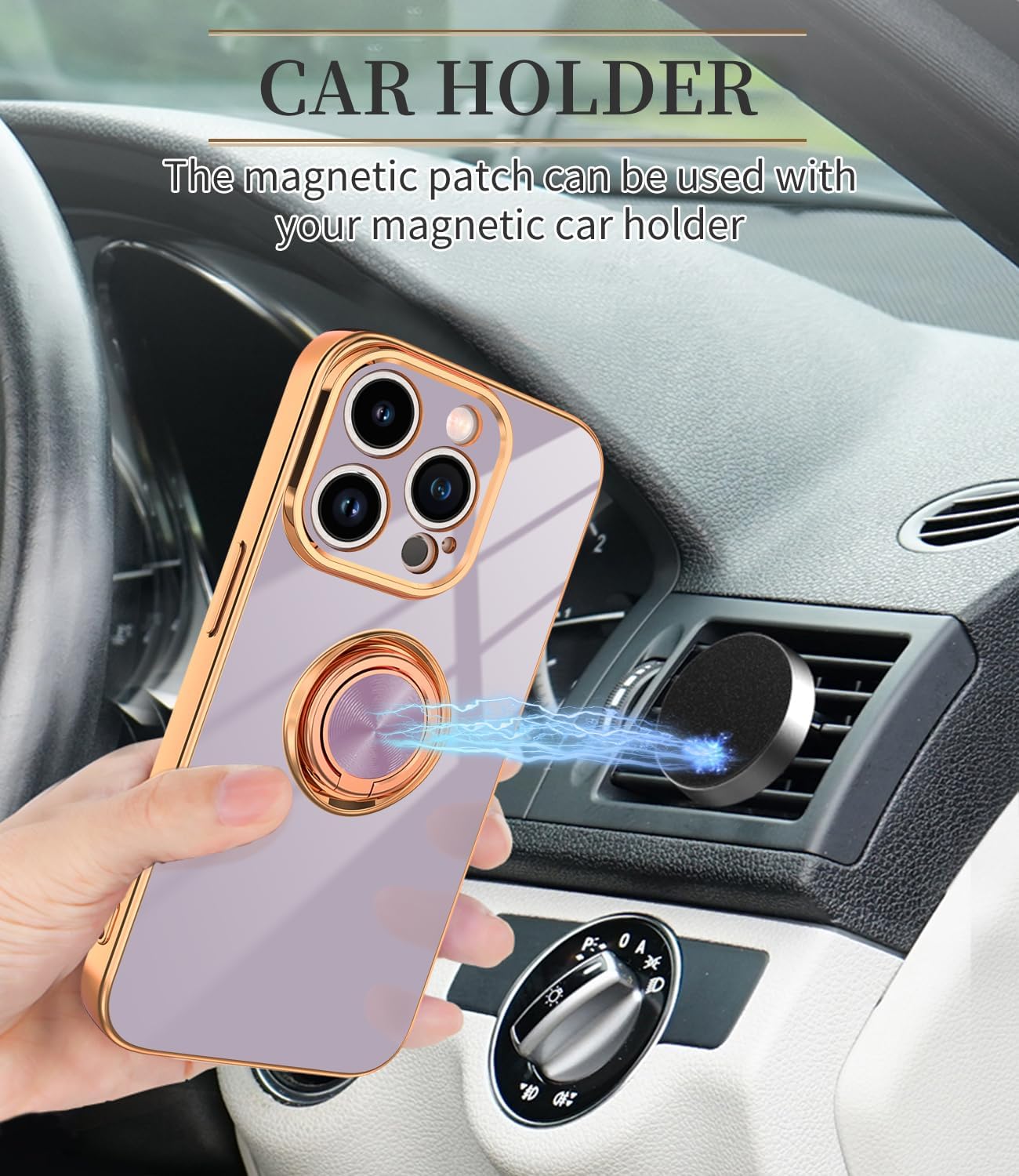 Funda púrpura para iPhone 15 Pro con soporte de anillo con magnético parachoques de TPU suave, cubierta galvanizada dorada con purpurina, funda