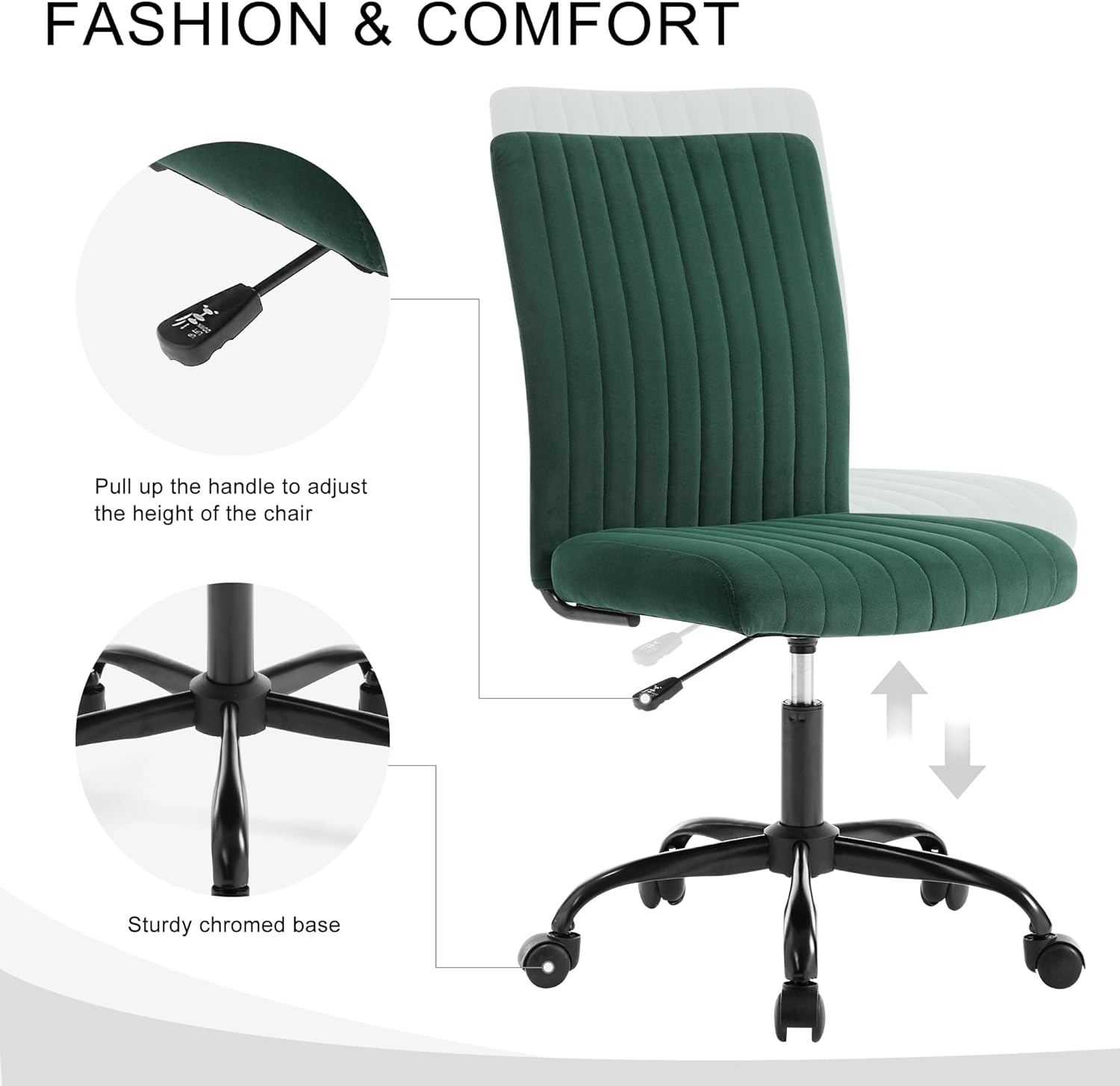 Silla de oficina sin brazos con ruedas, silla ergonómica de computadora de altura ajustable, silla de escritorio ejecutiva giratoria de 360 grados,
