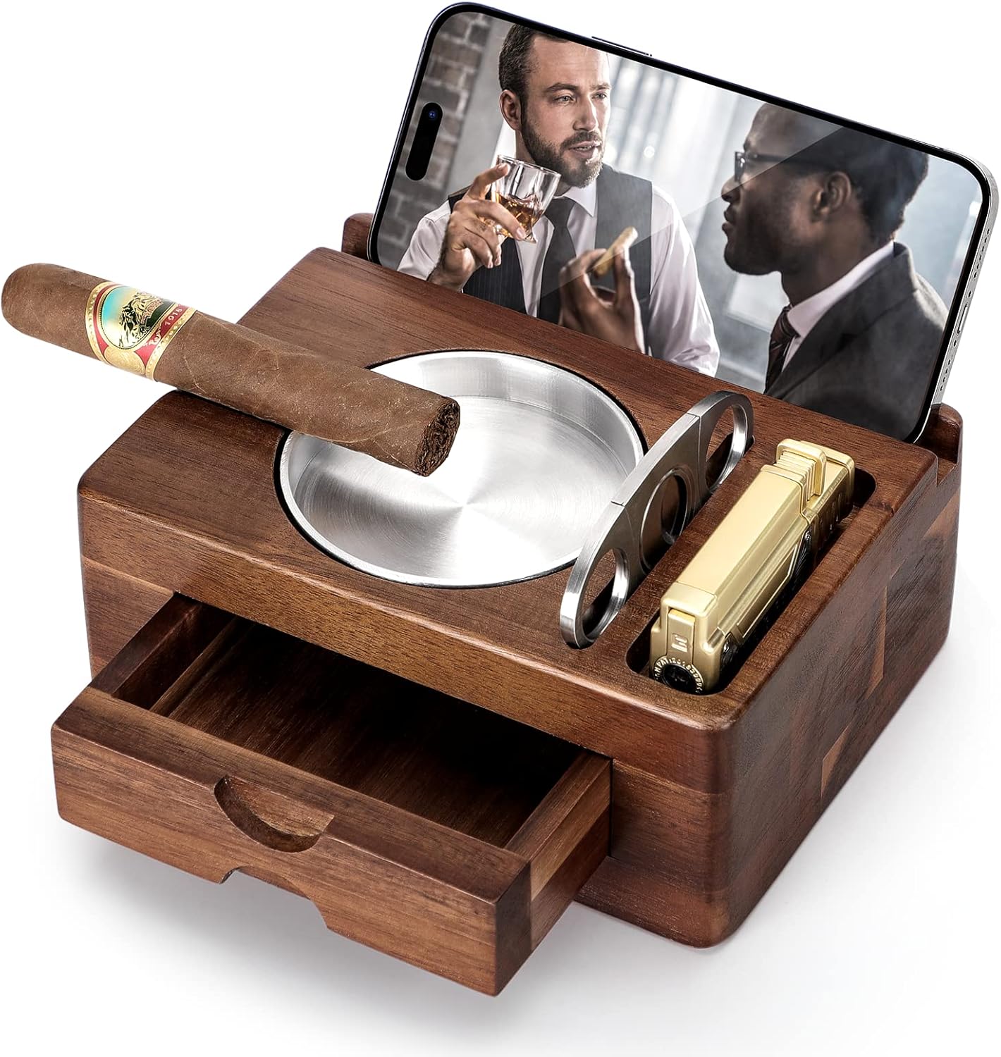Cenicero de cigarros, ceniceros de madera con cortador de puros, soporte para tableta de teléfono, soporte para cigarrillos, cajón de accesorios y
