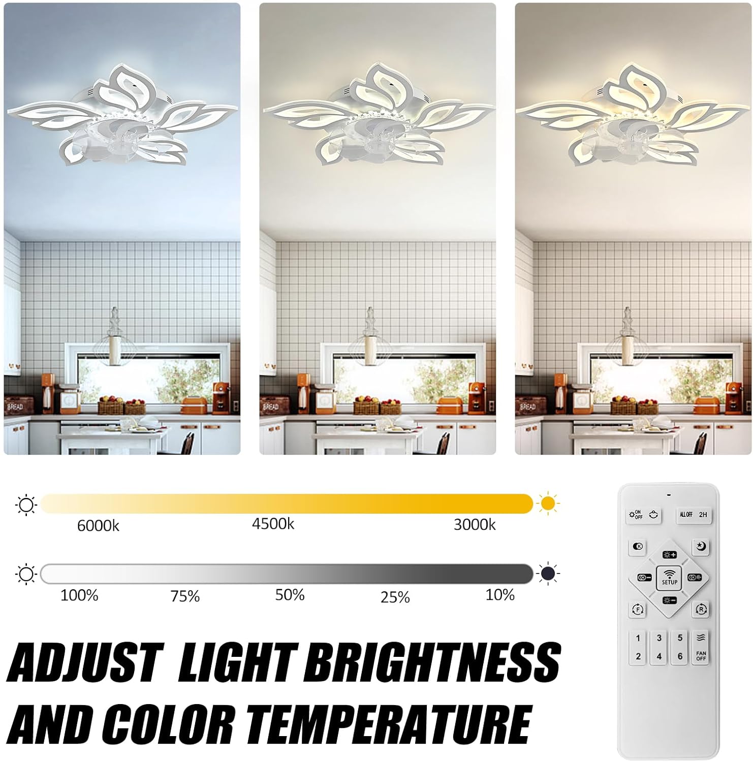 Ventiladores de techo de 26.8 pulgadas con luces, modernos ventiladores de techo regulables, ventiladores de techo de araña de pétalos con 6