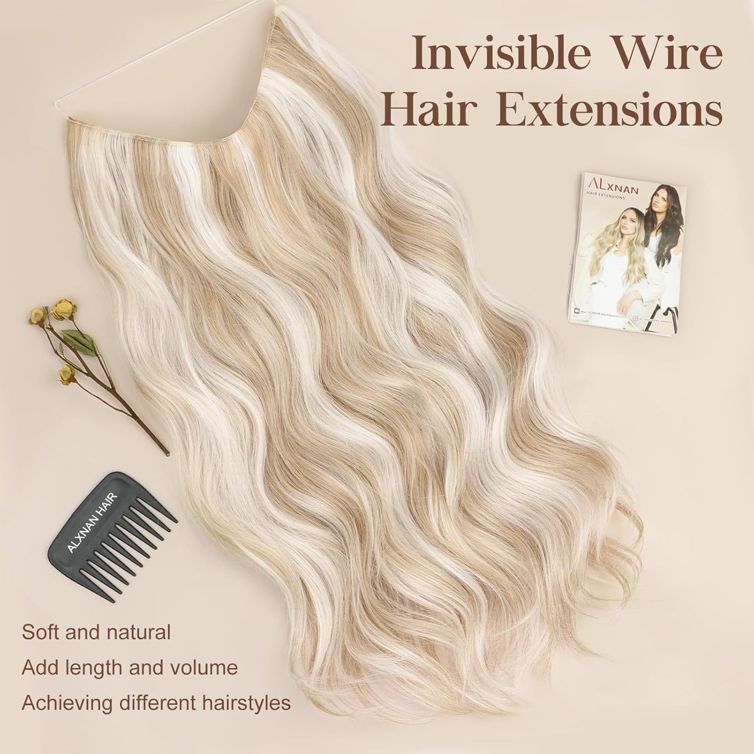 ALXNAN Extensiones de cabello con alambre invisible con alambre transparente, tamaño ajustable, 4 clips seguros, extensiones de cabello largo
