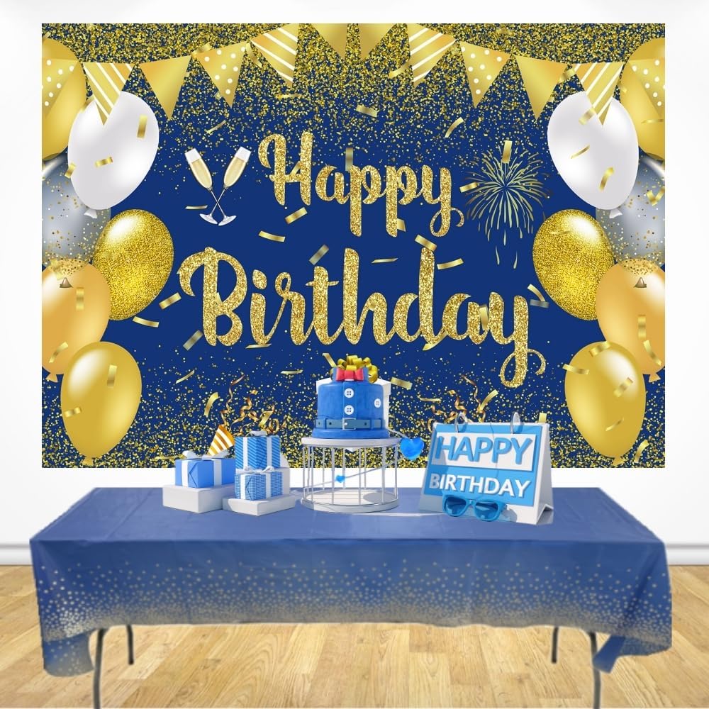 Juego de mantel de fondo de feliz cumpleaños azul dorado con texto en inglés Happy Birthday para decoración de regalo, 7 x 5 pies y mantel de fiesta