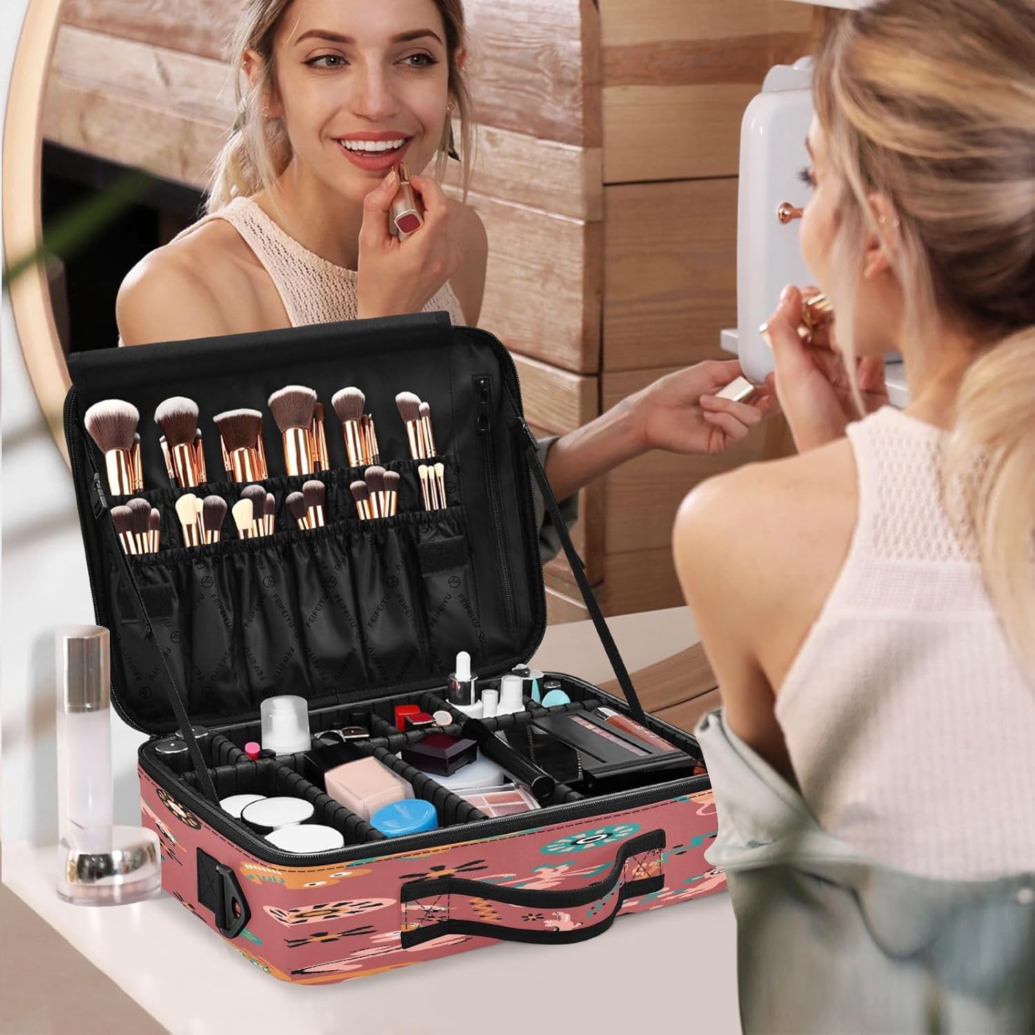 Bolsas de cosméticos de animales de dibujos animados de cocodrilo marrón premium para mujeres, bolsas de viaje para artículos de tocador, bolsa de