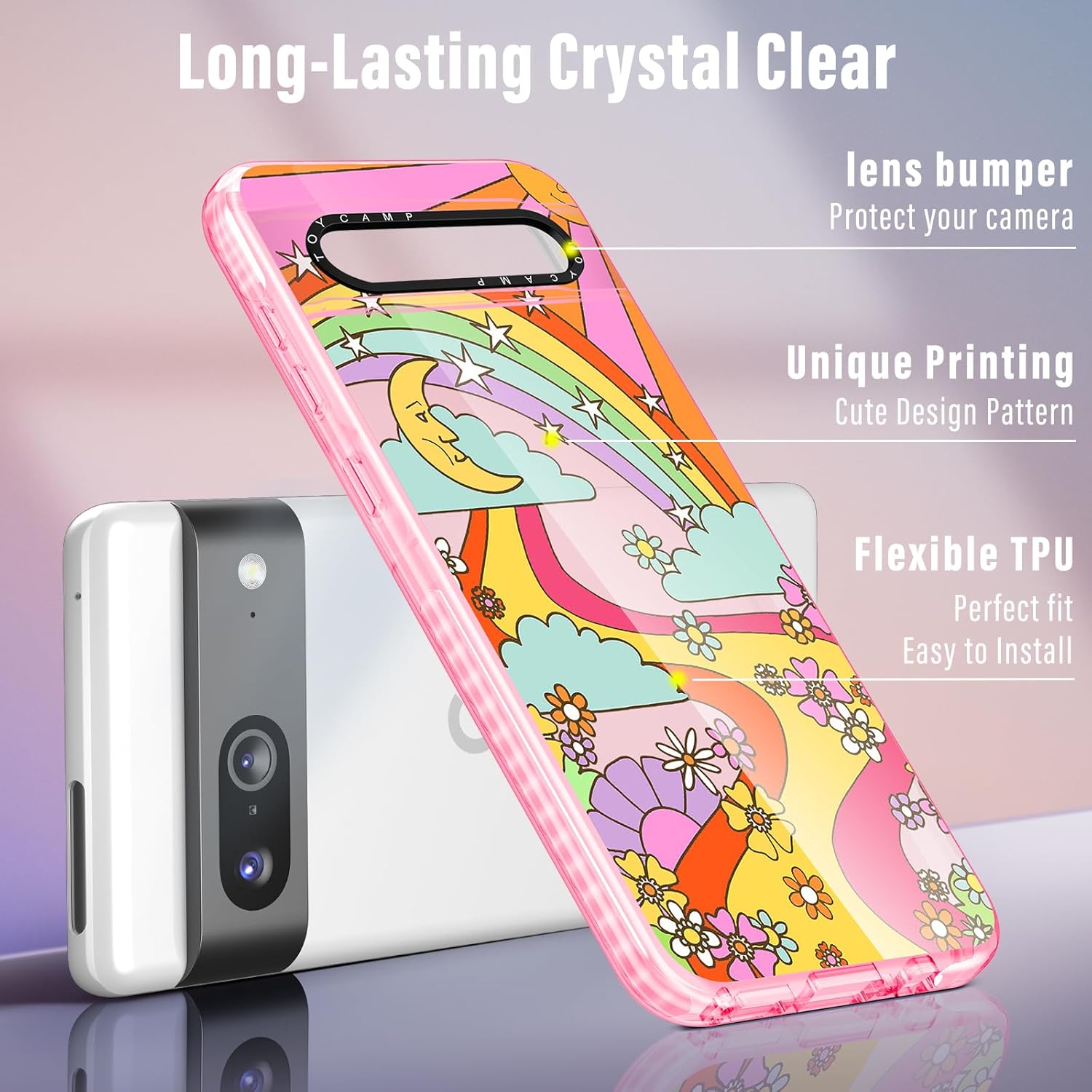 Toycamp Funda para Pixel 7 con soporte para anillos, diseño retro de arcoíris, sol, río, flores, caricatura, a prueba de golpes, para Google Pixel