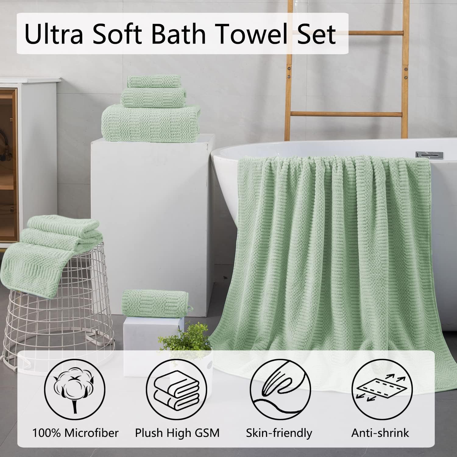 Juego de 4 toallas de baño grandes de 35 x 70 pulgadas, toallas de baño extragrandes verdes, toallas jumbo de 600 GSM, suaves, altamente