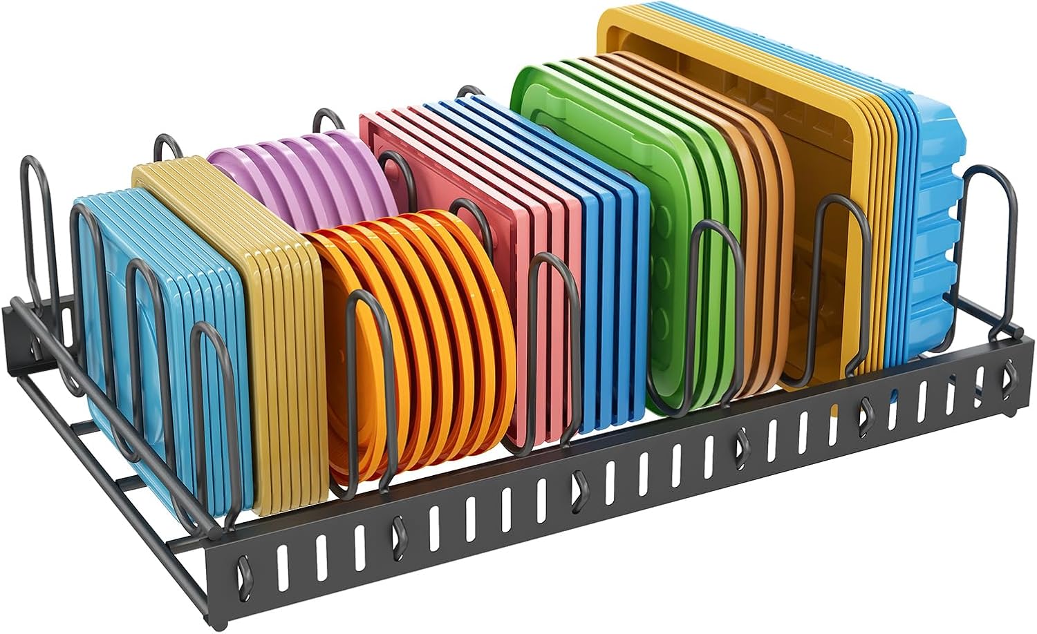 X-cosrack Organizador de tapa de contenedor de alimentos de metal y 6 divisores ajustables para contenedores de almacenamiento, estante de tapa para