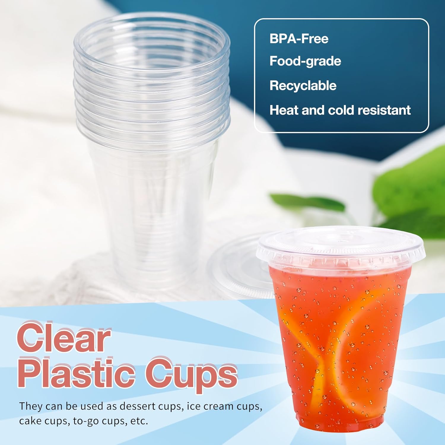 Juego de 50 vasos de plástico transparente de 12 onzas con tapas planas, vasos de plástico desechables para bebidas frías, vasos de plástico