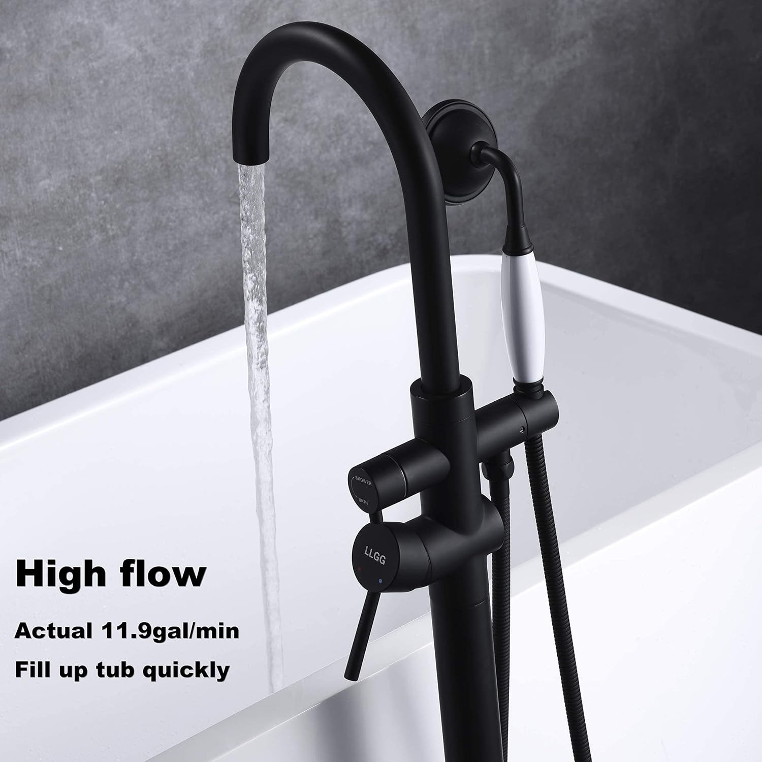Grifo de bañera independiente Llenador de bañera Negro Alto caudal 11.9GAL Llenadores de grifos montados en el piso con montaje de ducha de mano LLGG