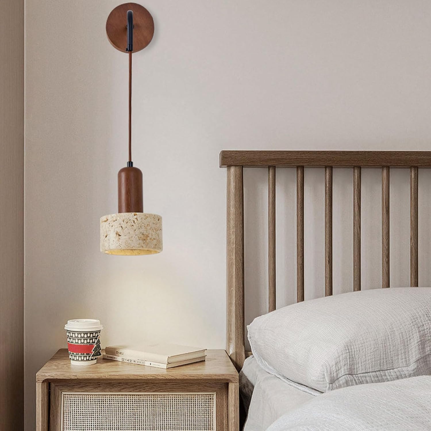CATA-MEDICA Juego de 2 lámparas de pared de piedra de altura ajustable, aplique de pared de travertino E26, lámpara de pared para dormitorio, sala