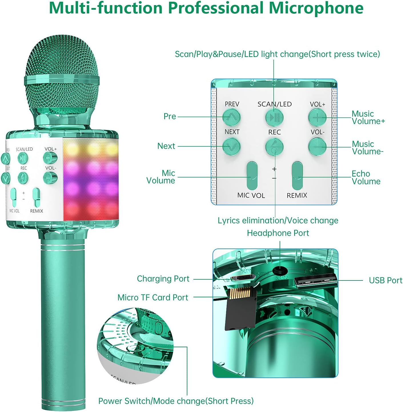 OVELLIC – Micrófono de mano inalámbrico con Bluetooth y luces LED, portátil con altavoz para karaoke regalo para niñas, niños y adultos de todas las