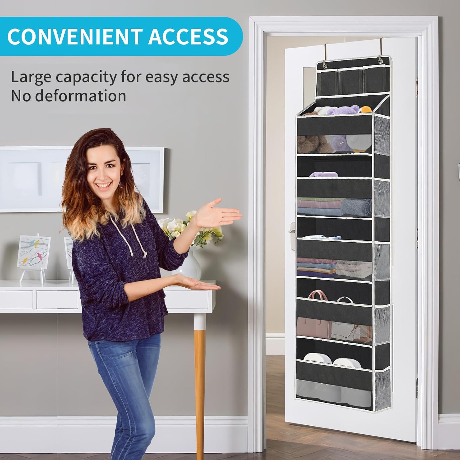 Organizador para colgar sobre la puerta, 5 estantes transparentes para colgar con 5 bolsillos grandes, 10 laterales de malla y 3 bolsillos de PVC,