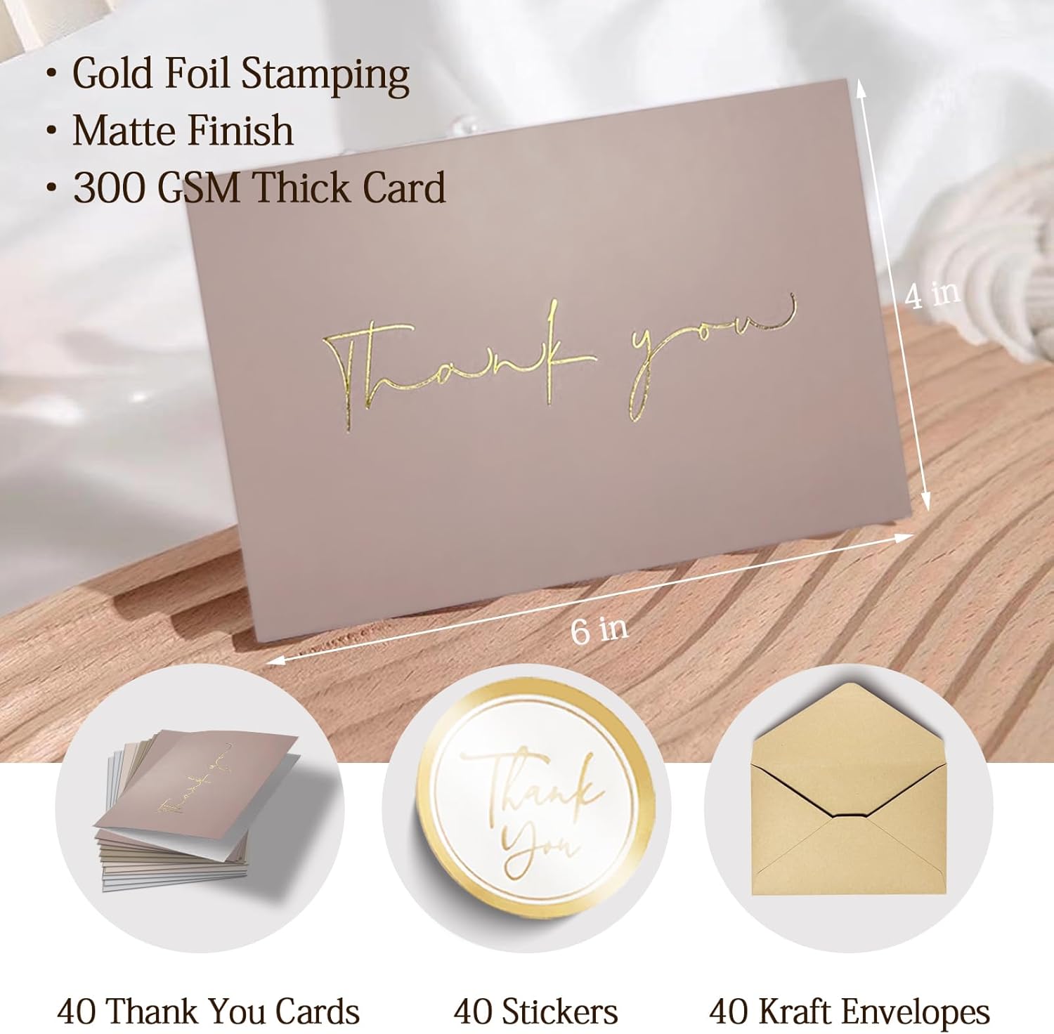40 tarjetas de agradecimiento doradas con sobres, surtidos de tarjetas de agradecimiento, adecuadas para baby shower, despedida de soltera, bodas,