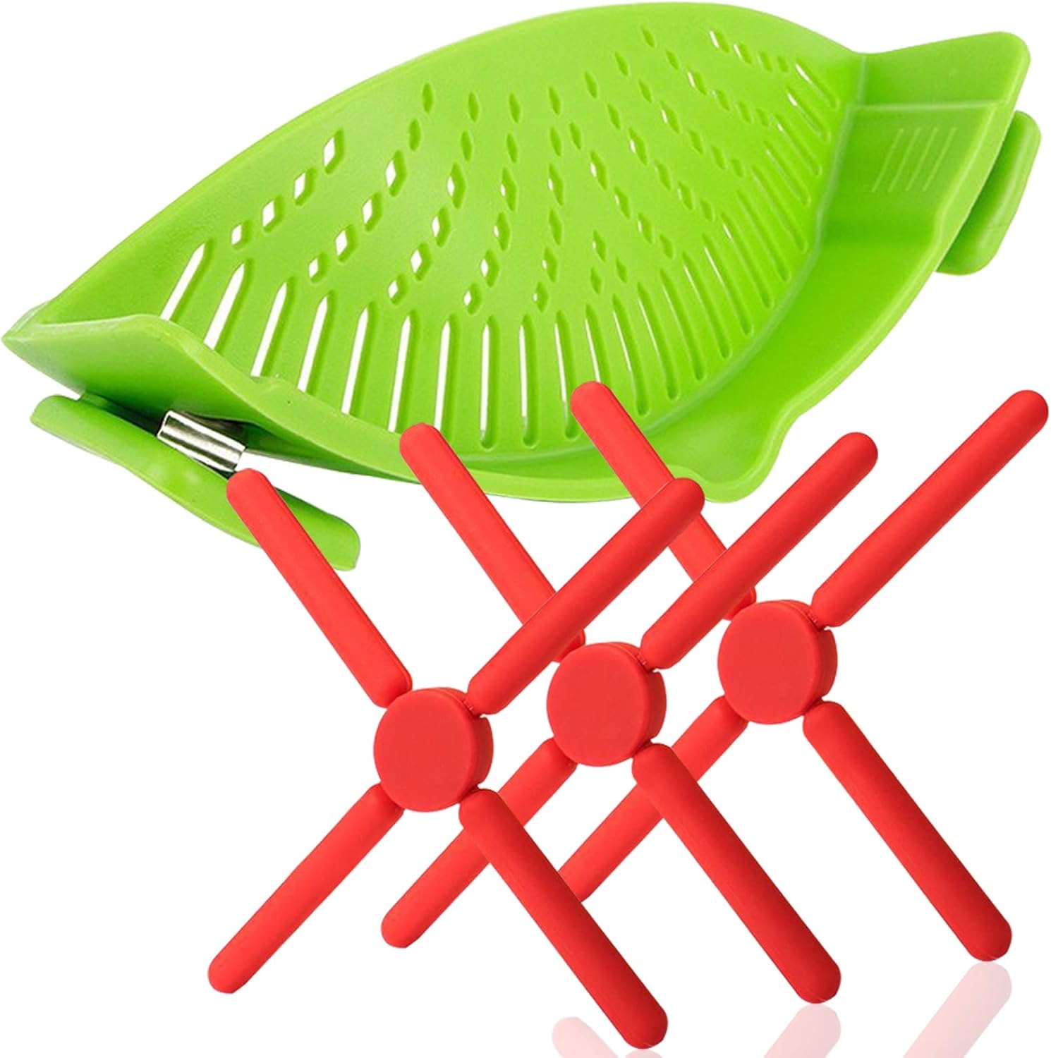 findTop – Juego de 4, colador a presión y salvamanteles de silicona plegables antideslizantes, con clip resistente al calor, boquilla de vertido y