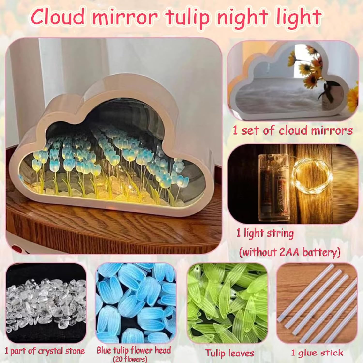 Espejo de tulipán de nube de 20 flores, luz nocturna de tulipán, lámpara LED para decoración de dormitorio para adolescentes, regalo creativo para