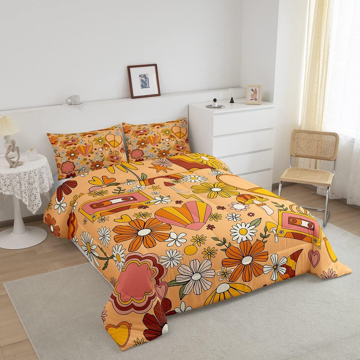 Groovy Style – Juego de edredón de tamaño matrimonial, juego de ropa de cama vintage de los años 60 y 70 con diseño de garabatos de flores para