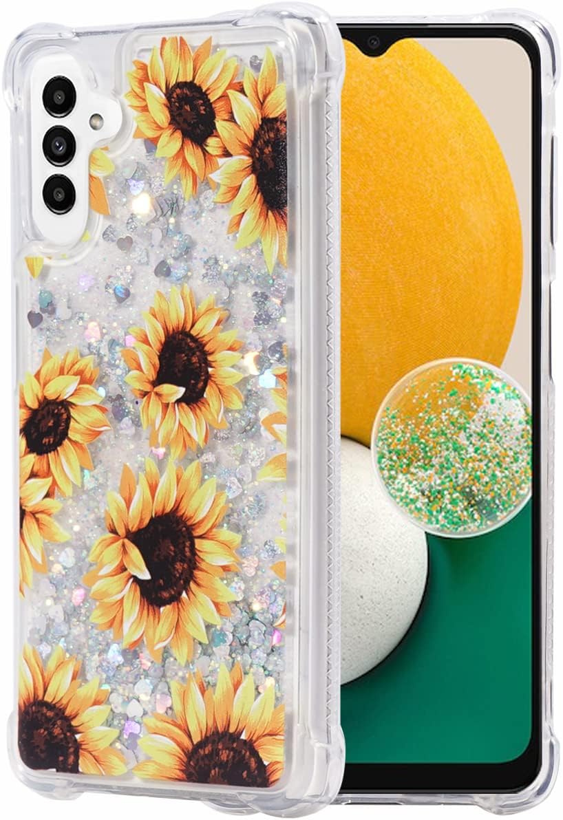 FLOCUTE Funda para Galaxy A13, Galaxy A13 con purpurina floral, transparente, brillante, líquido, suave, cojín de TPU suave, a la moda, para mujer,