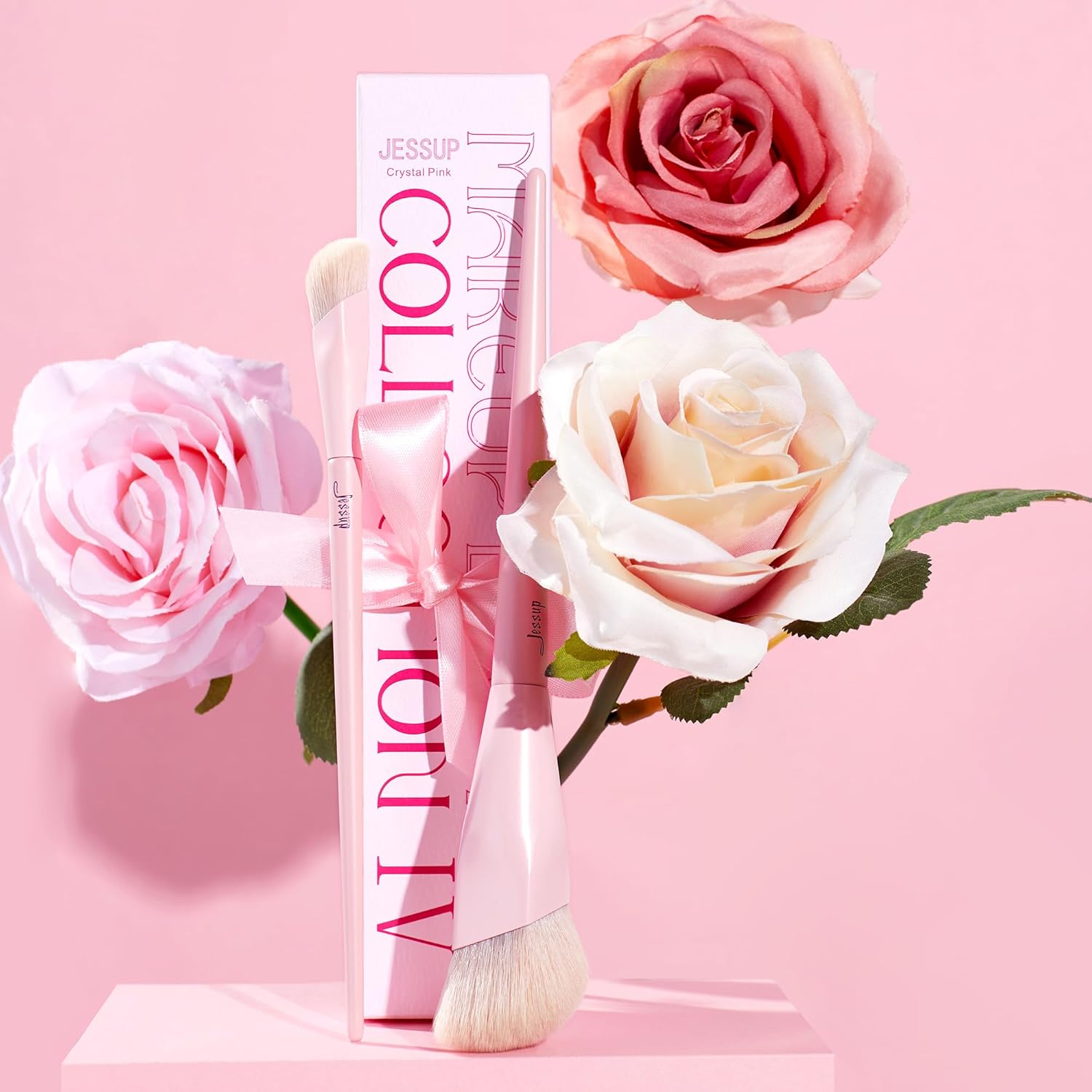 Jessup Brocha para base y correctora, juego de 2 brochas de maquillaje rosa, brochas de maquillaje sintéticas prémium para crema líquida, T497