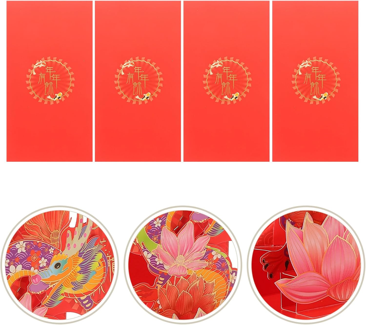Vaguelly Sobres rojos de año nuevo 3D 2024, 4 unidades, loto chino, carácter, año del dragón, Fengshui, Fortuna, sobre Hong Bao Lucky Money Red