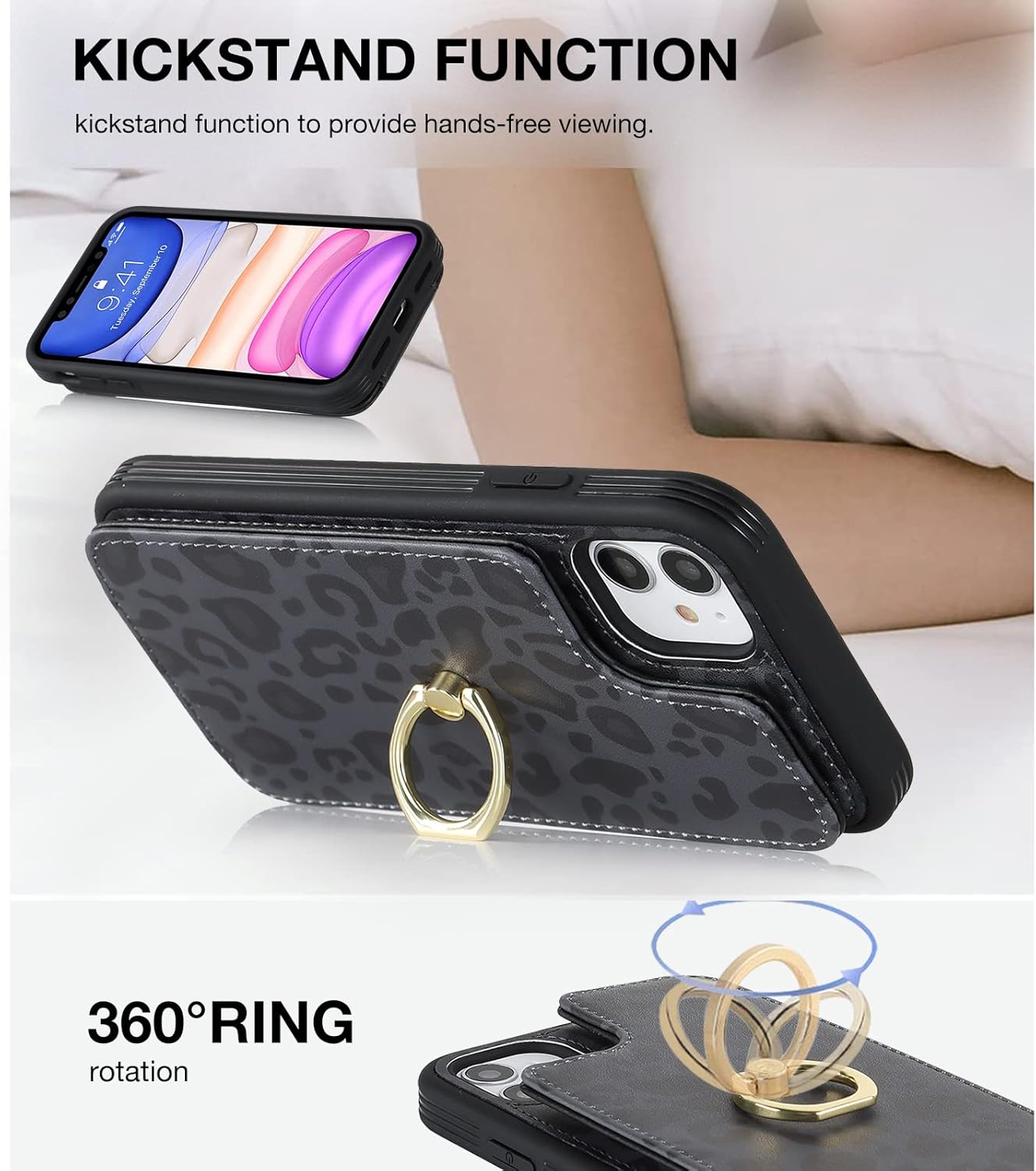 Elteker Funda para iPhone 11 con soporte para tarjetas, funda tipo cartera para iPhone 11 para mujer con soporte de anillo, bloqueo RFID, ranuras