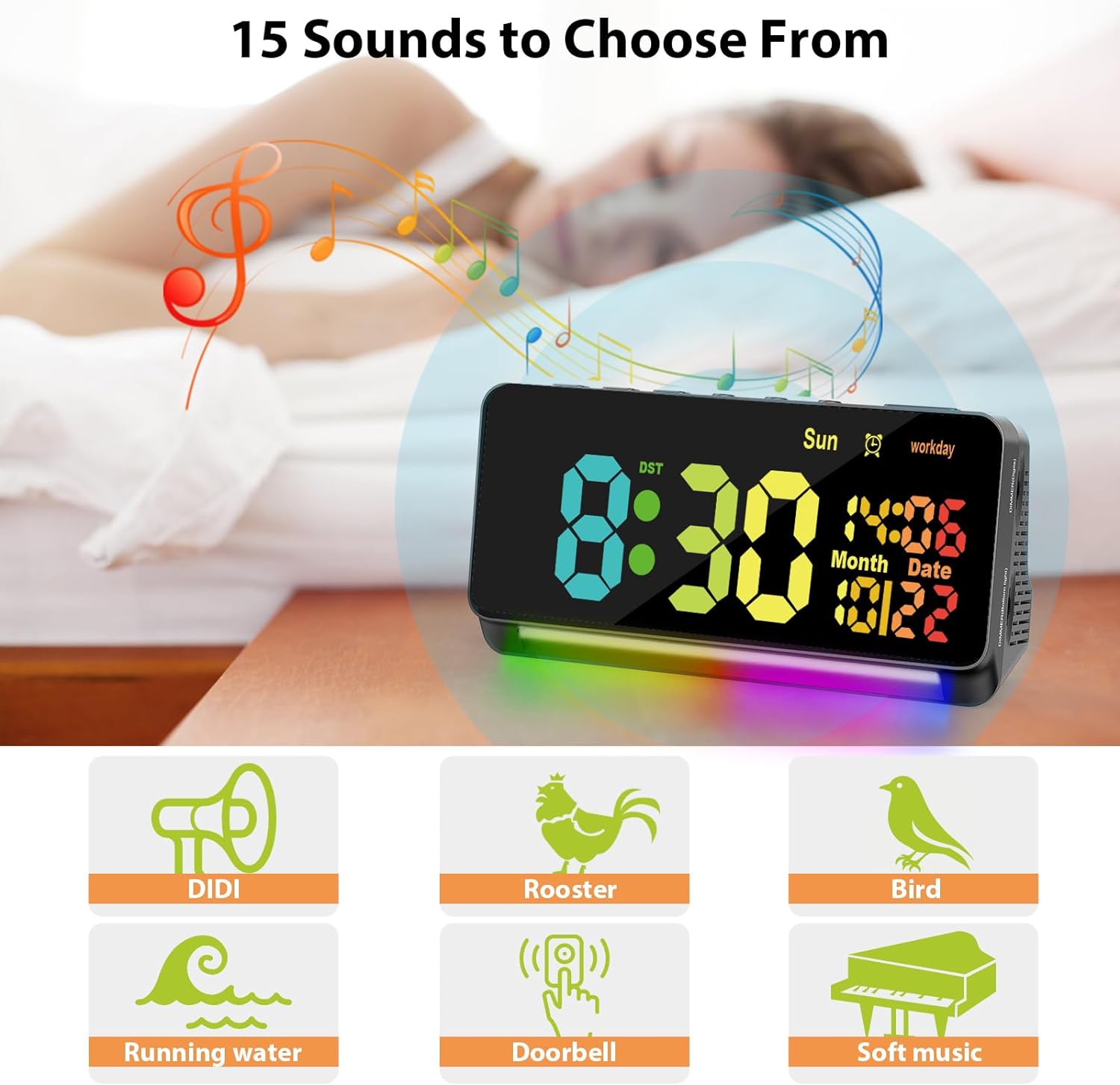 Reloj despertador digital de 120 db para dormitorios, 15 sonidos de despertador, despertador digital para adultos que duermen pesados, luz nocturna