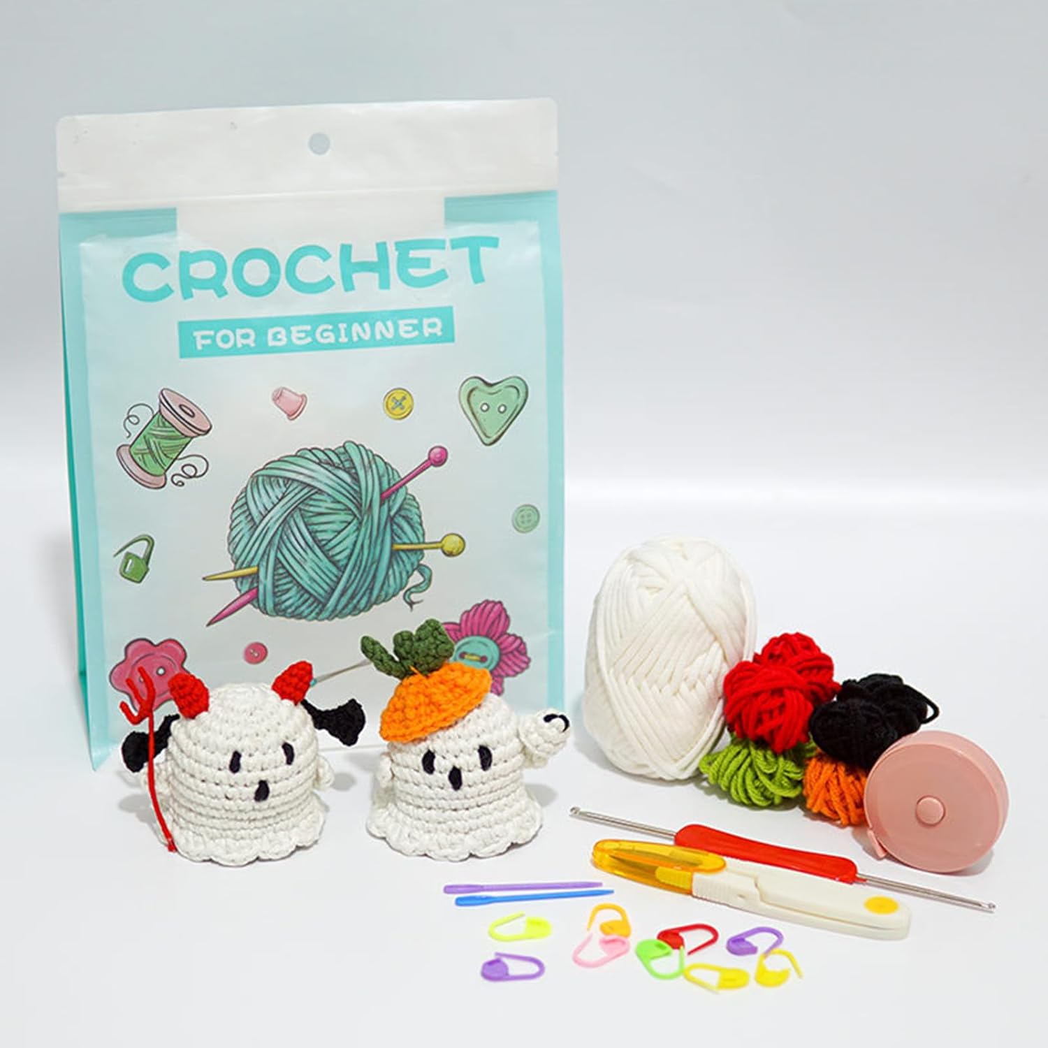Kit de ganchillo para principiantes que brillan en la oscuridad, kit de inicio de ganchillo con tutoriales en video paso a paso, muñeca fantasma,