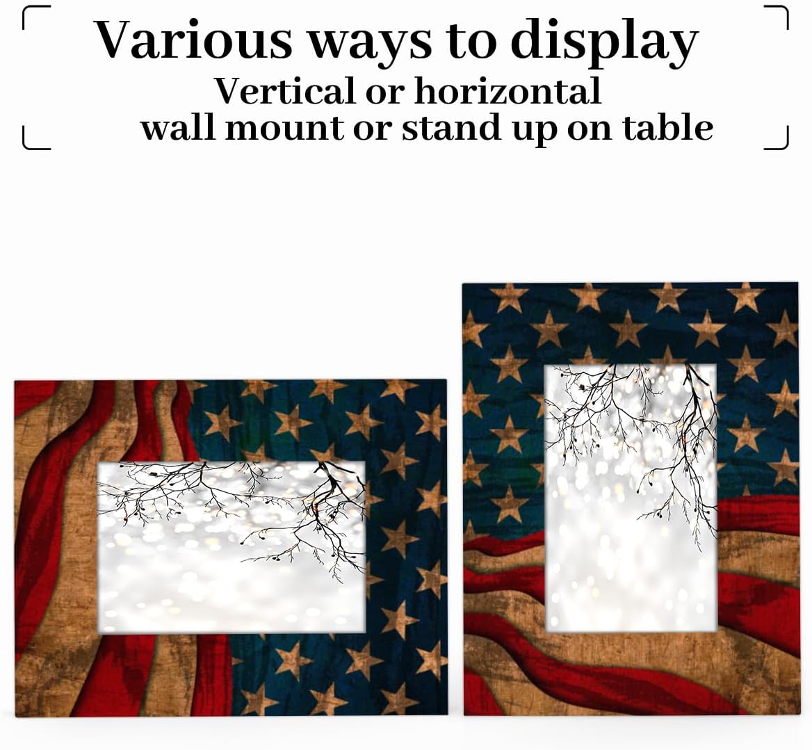 Marco de fotos con bandera estadounidense de 5 x 7 pulgadas, marco de fotos de bandera de Estados Unidos para montaje en pared o exhibición de mesa,