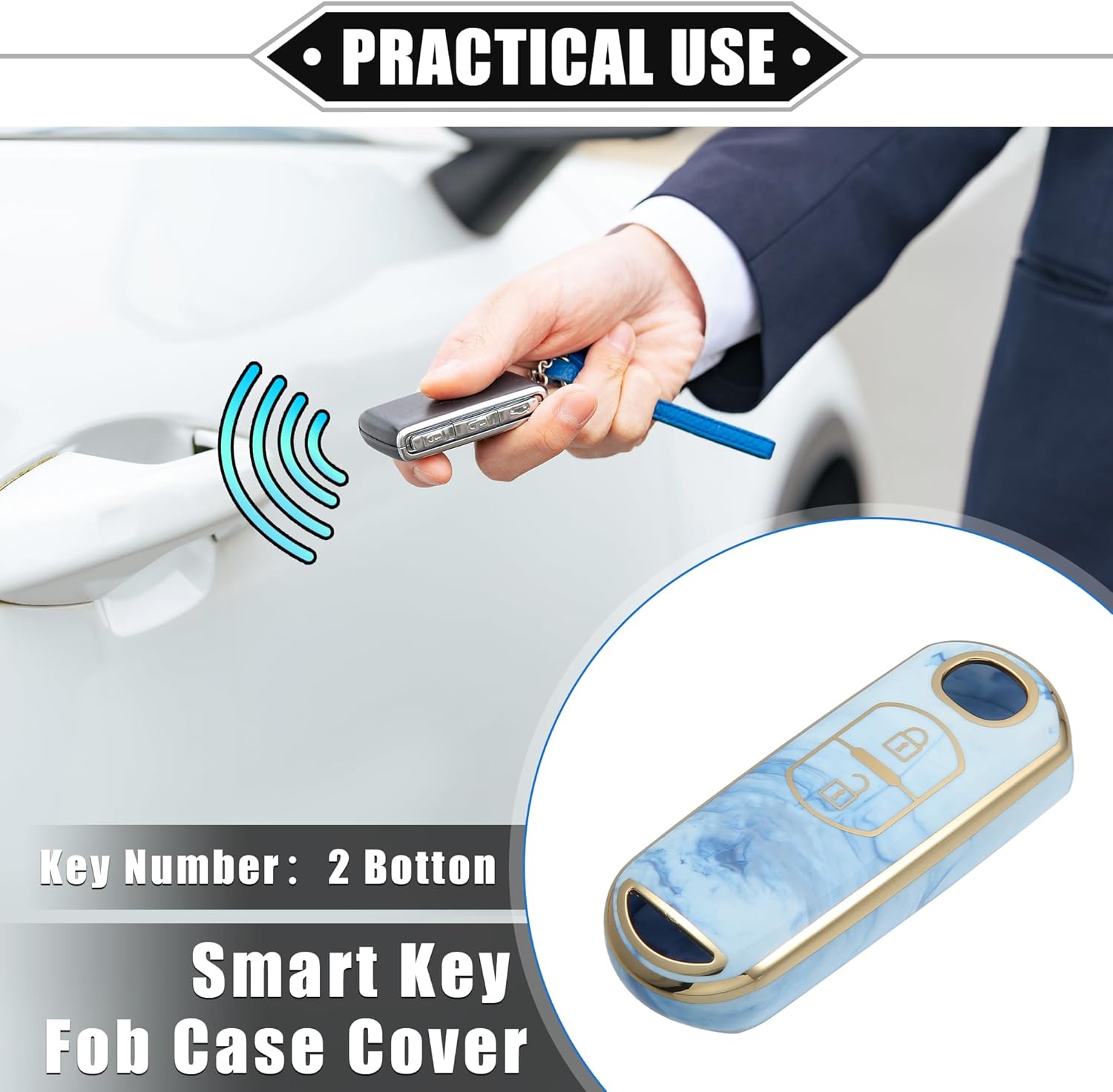 Funda para llavero compatible con Mazda CX-3 CX-4, patrón de porcelana de 2 botones, a la moda, suave, TPU azul, control remoto, sin llave, funda de