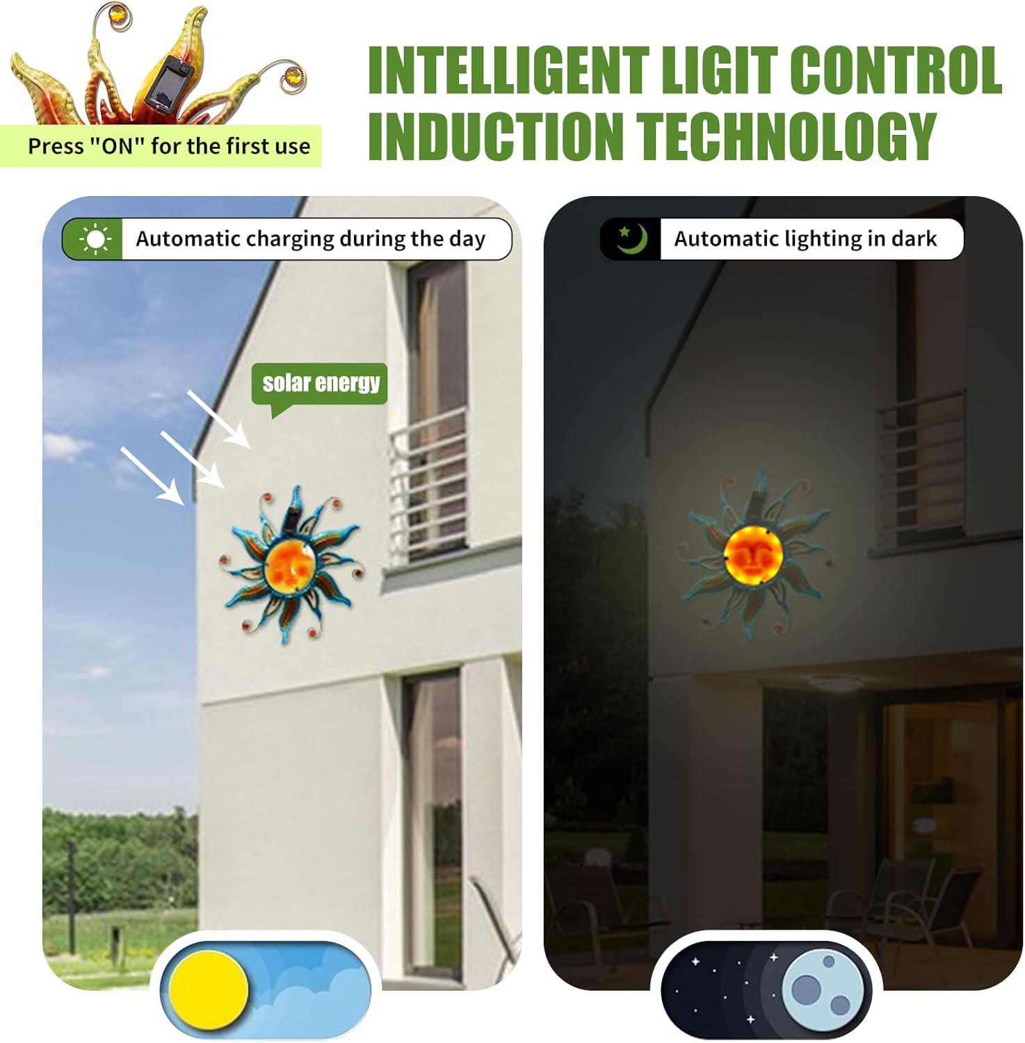 Fashionoda Arte de pared de cara solar de 18 pulgadas, escultura de sol de metal con luces LED y cara sonriente, decoración para colgar en la pared
