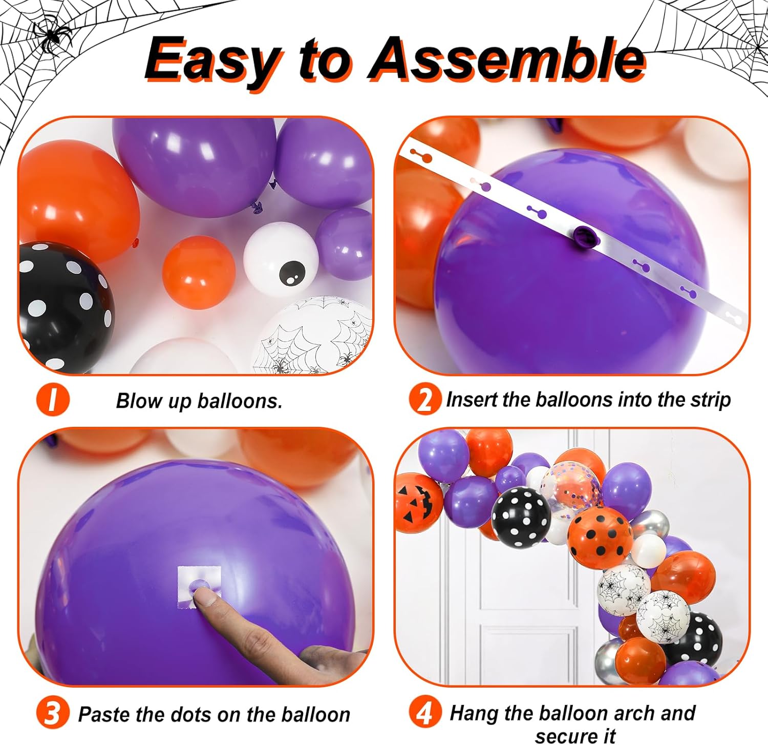 MJartoria Kit de guirnalda de globos de Halloween de 149 unidades, color naranja, negro y morado, kit de guirnalda de globos de araña, calabaza,