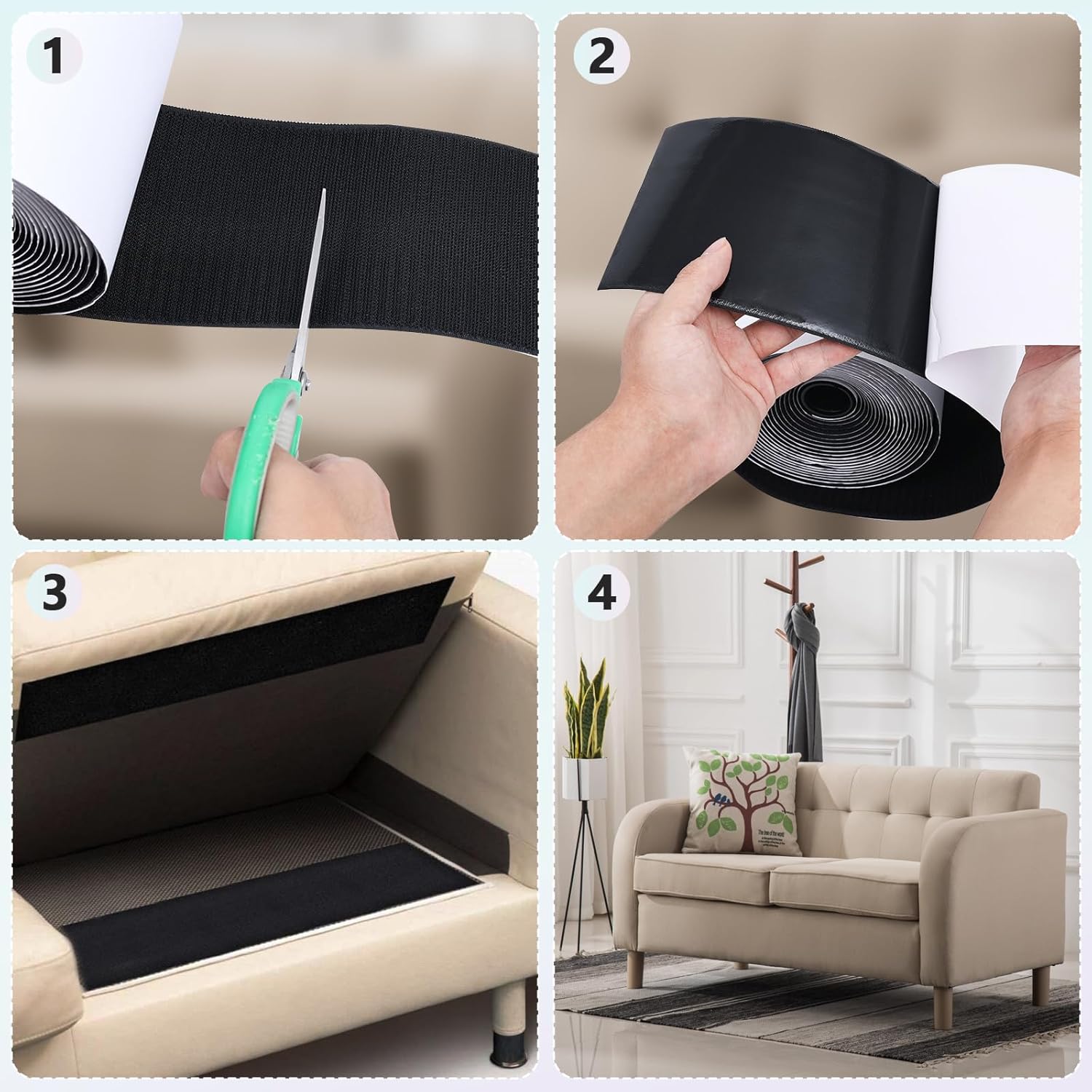 Tiras de cinta de velcro de 4 pulgadas x 18 pies con adhesivo resistente para evitar que los cojines de sofá se deslicen, alfombra de rollos de
