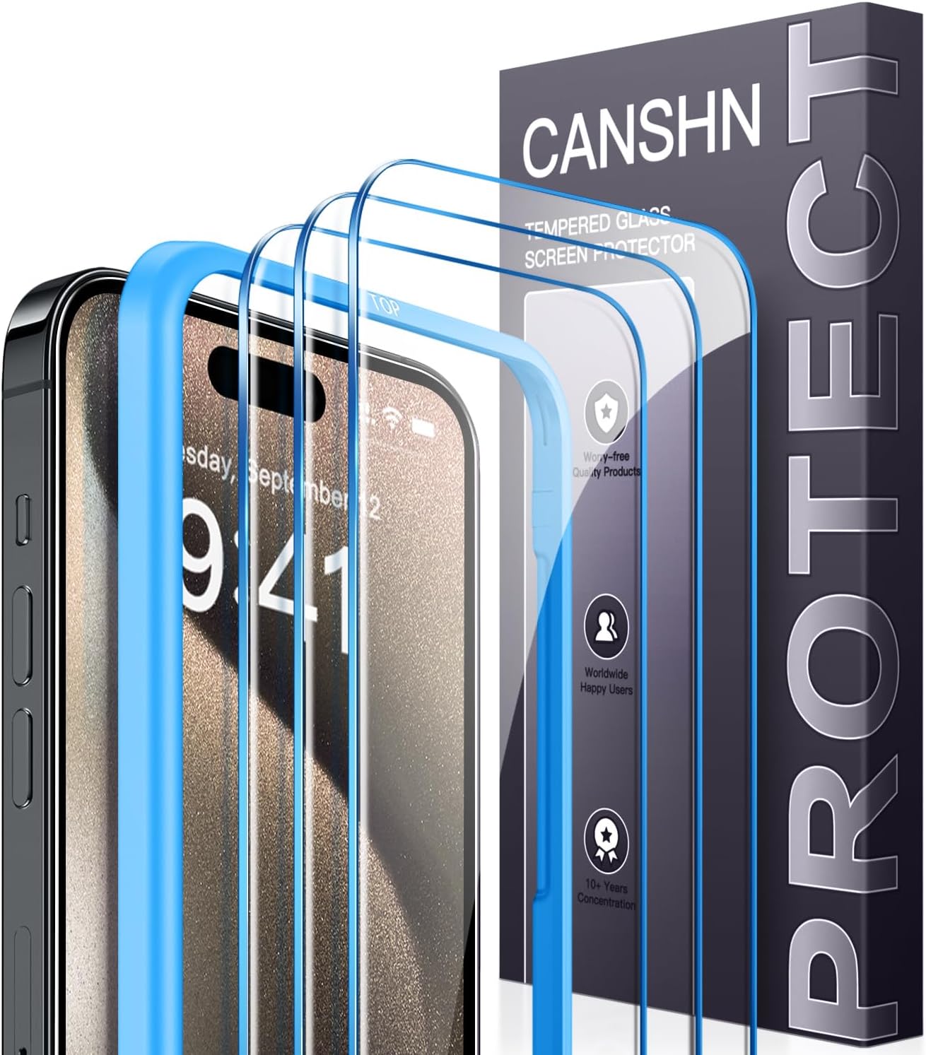 CANSHN Protector de pantalla de vidrio templado para iPhone 15 Pro con marco de fácil instalación compatible con fundas 99.99% transparente HD 9H