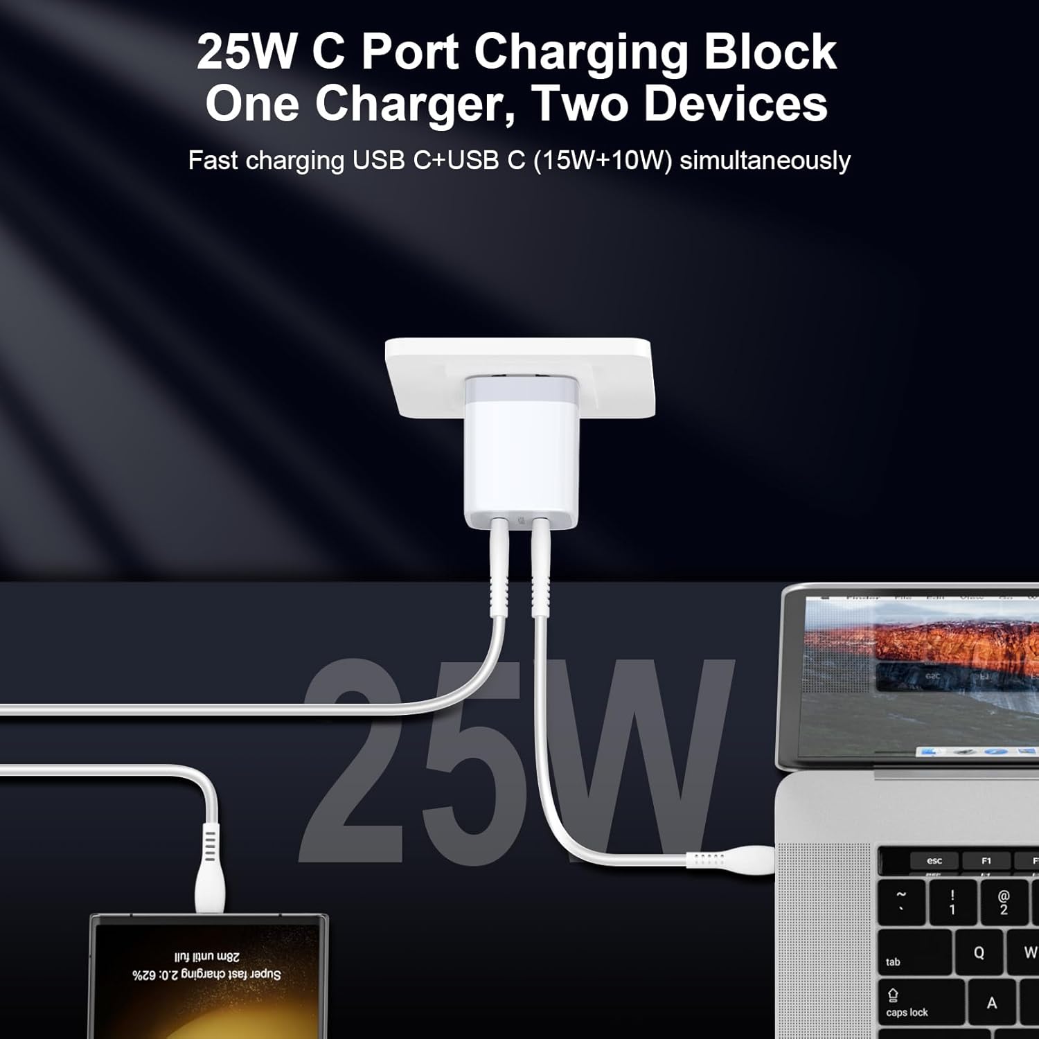 Cargador súper rápido de 25 W, tipo C, 2 puertos, puerto USB C, bloque de carga para Samsung Galaxy A14 5G A54 A13 A53 A03S S21FE Z Flip5 Z Fold5,