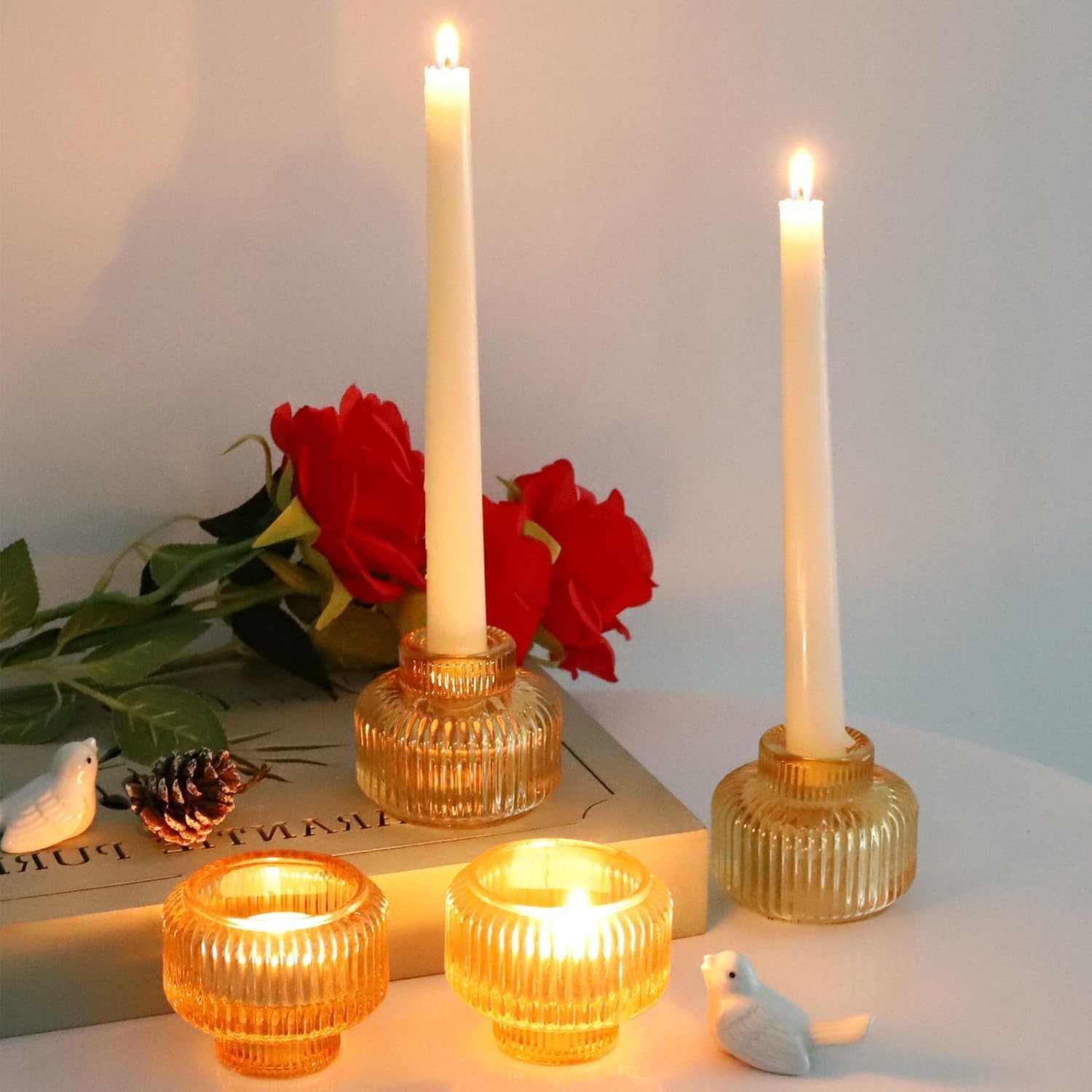 Woho Juego de 8 portavelas dorados para mesa de fiesta de boda, candelabros cónicos de vidrio acanalado para decoración de cumpleaños y Navidad