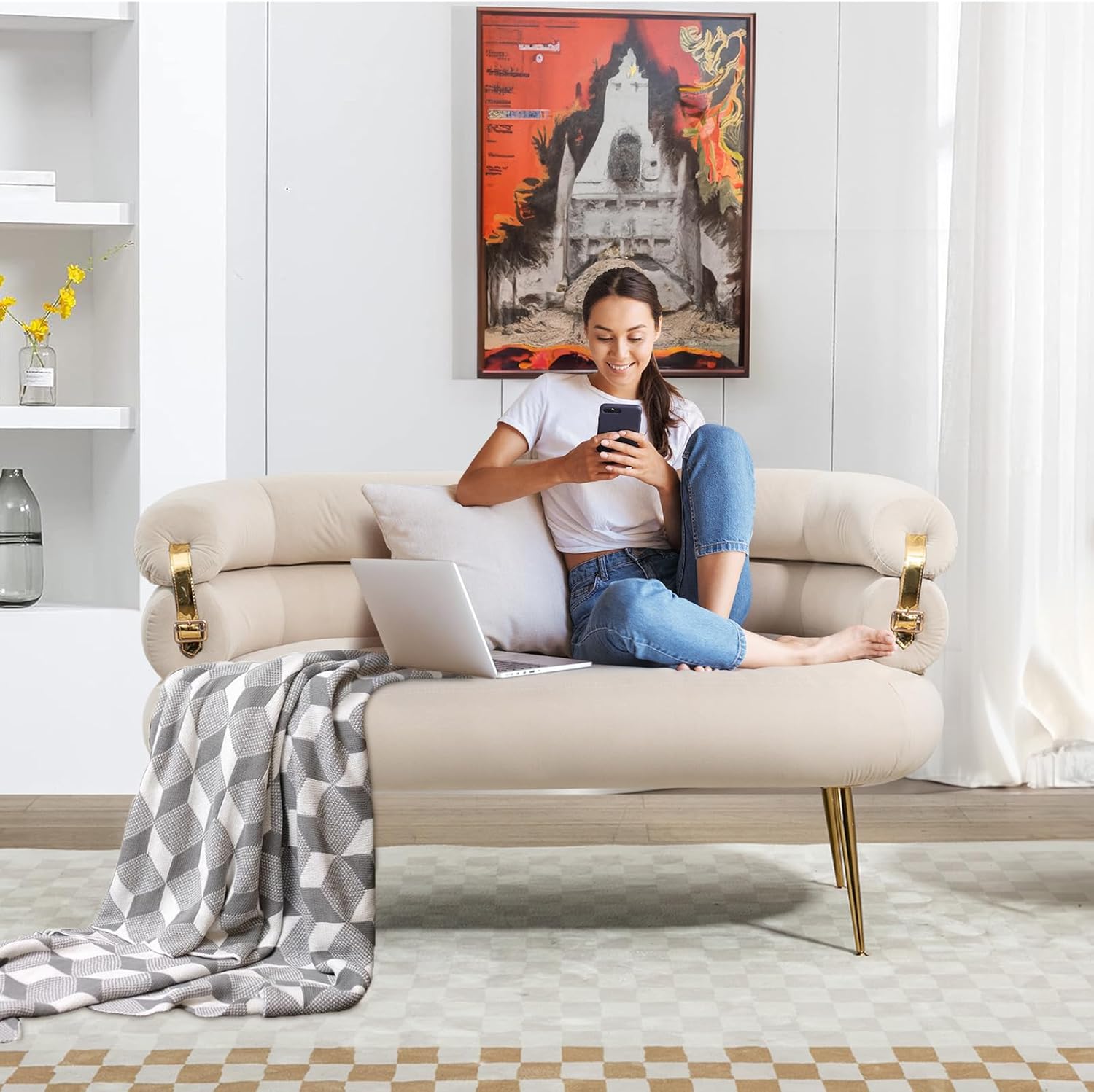 Antetek Moderno sofá biplaza de terciopelo, sillón tapizado con elegante decoración dorada, pequeño y cómodo sofá de descanso para sala de estar,
