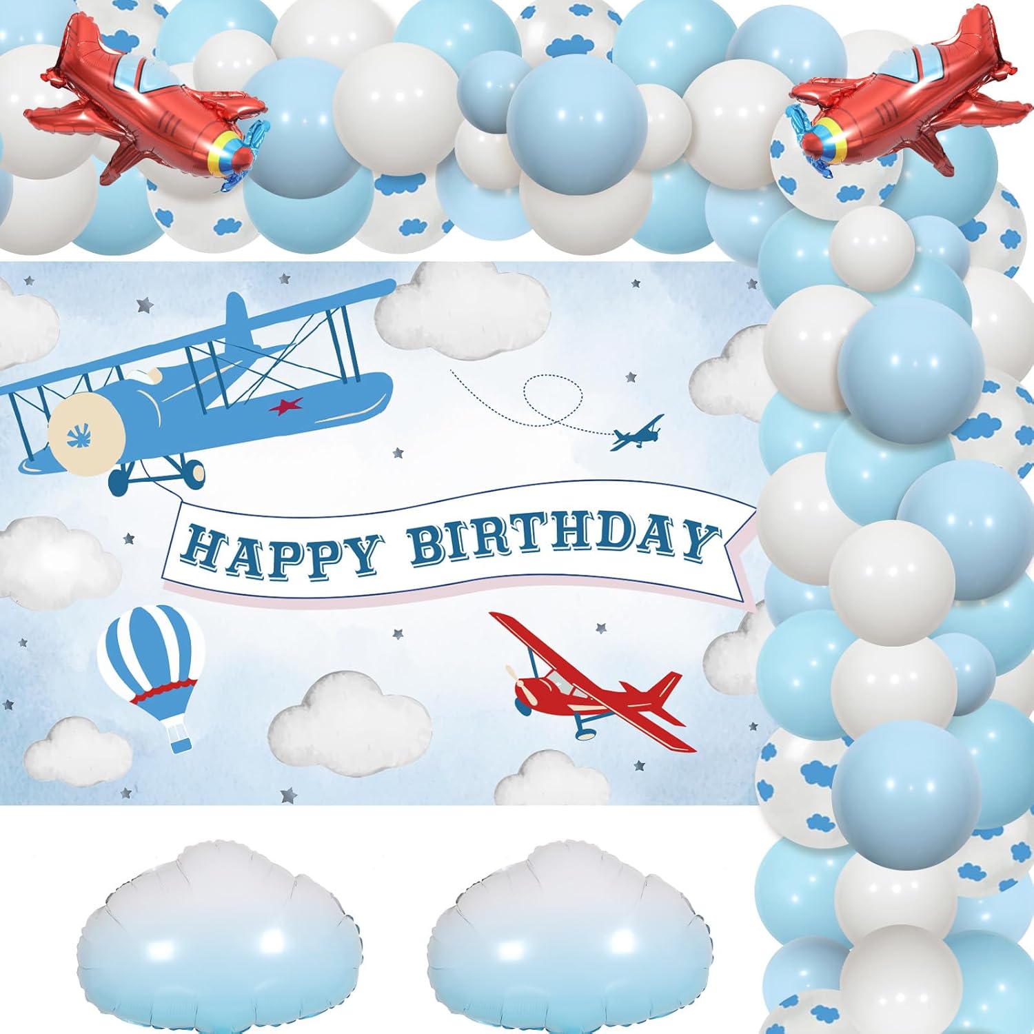 Decoraciones de fiesta de cumpleaños de avión, guirnalda de globos azules, telón de fondo de feliz cumpleaños, globos de papel de aluminio de nube