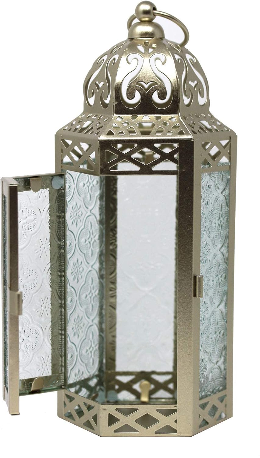 Vela Lanterns – Farol portavelas decorativo, estilo marroquí, color blanco y dorado, cristal transparente, tamaño mediano