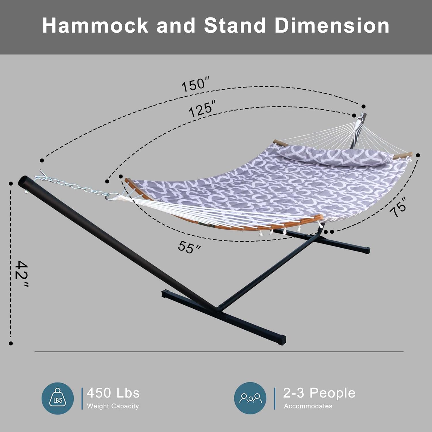 Hamaca doble para 2 personas con soporte de acero portátil de 12 pies y barras esparcidoras curvadas de bambú, almohada desmontable, cama de tela