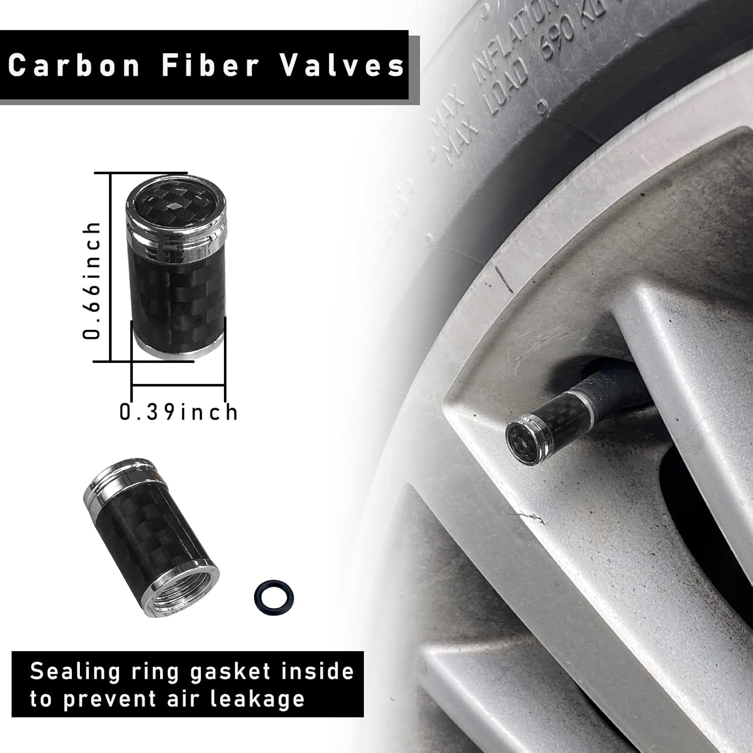 Ziciner 4 tapas de vástago de válvula de neumático, tornillos de fibra de carbono para tapas de neumáticos, accesorios universales para exteriores