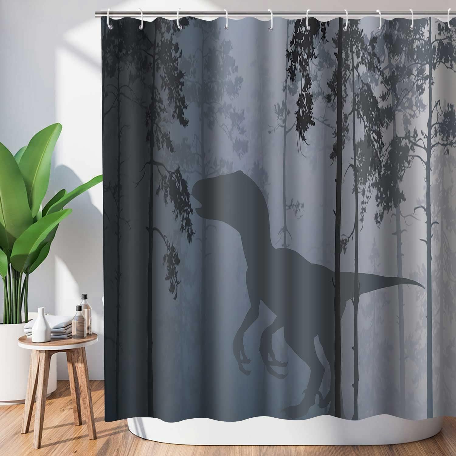 YLYYNT2694 – Cortina de ducha con diseño de animales, diseño de dinosaurio, silueta de dinosaurio, juego de baño con ganchos, cortinas decorativas