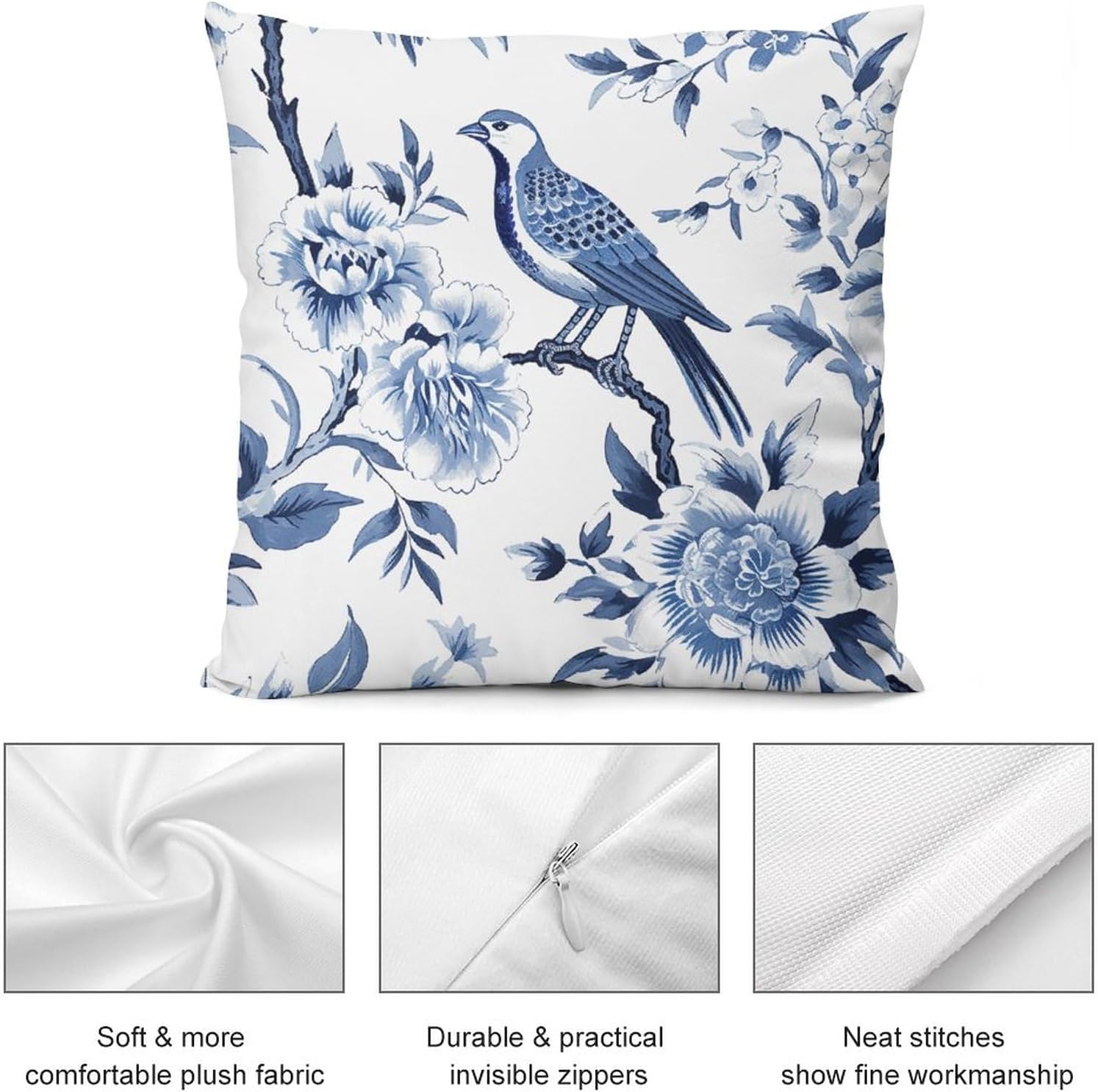 Funda de almohada floral de pájaro de terciopelo azul índigo, fundas de cojín chinoiserie, fundas de almohada de granja para decoración del hogar