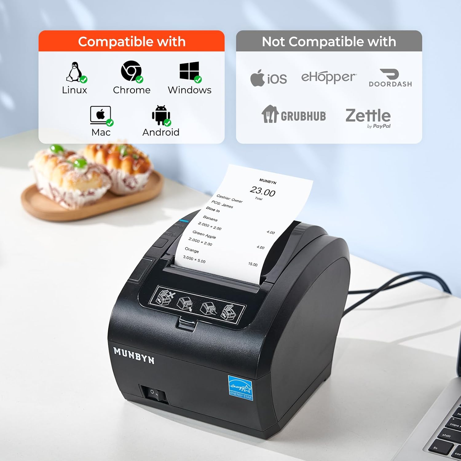 MUNBYN Impresora térmica de recibos Bluetooth P047, impresora POS de 3.150 in, impresora térmica con Ethernet serie USB, Bluetooth, compatible con