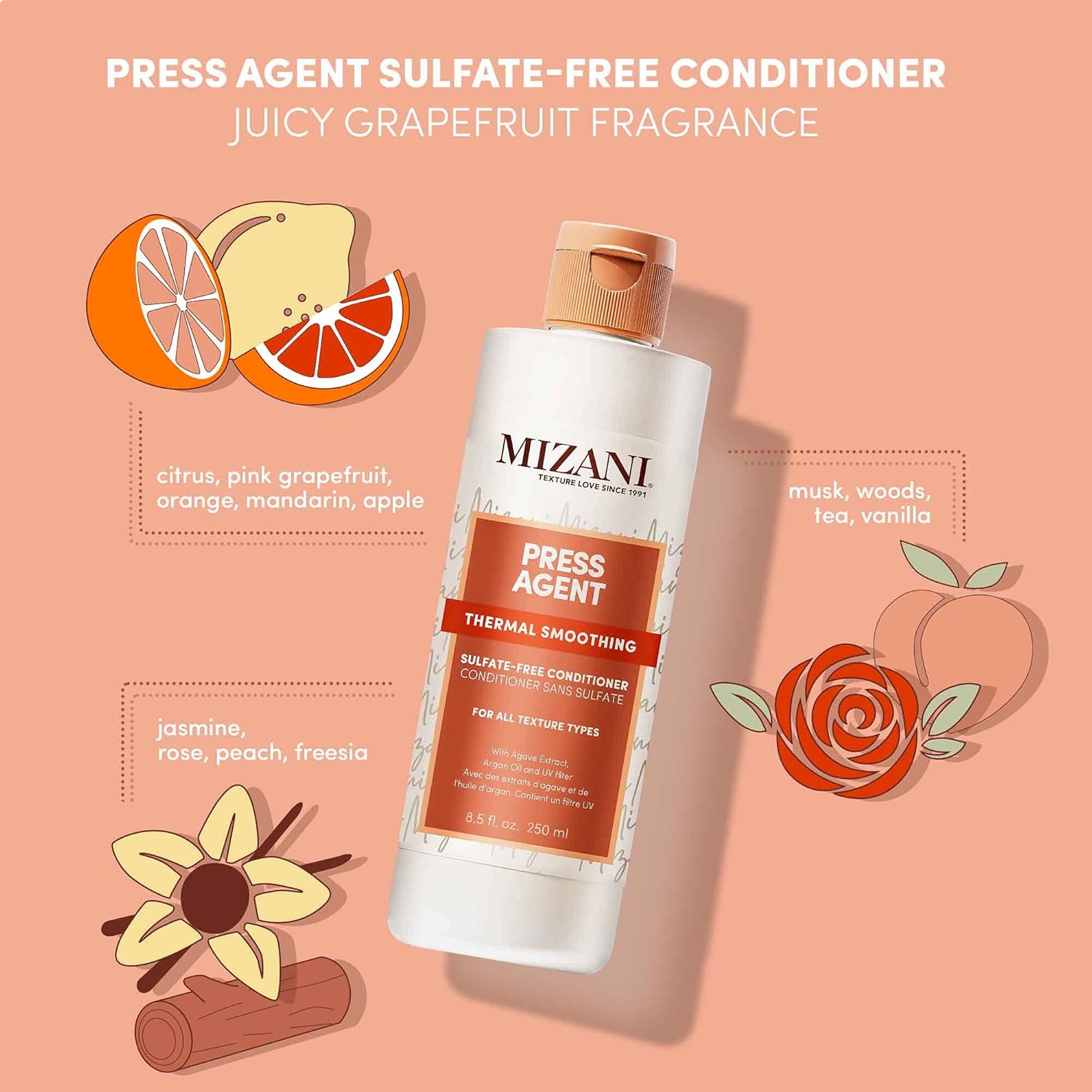 Mizani Press Agent – Acondicionador sin sulfatos  Desenreda el cabello para peinar con calor, soplar y prensa de seda  Sella el cabello de la
